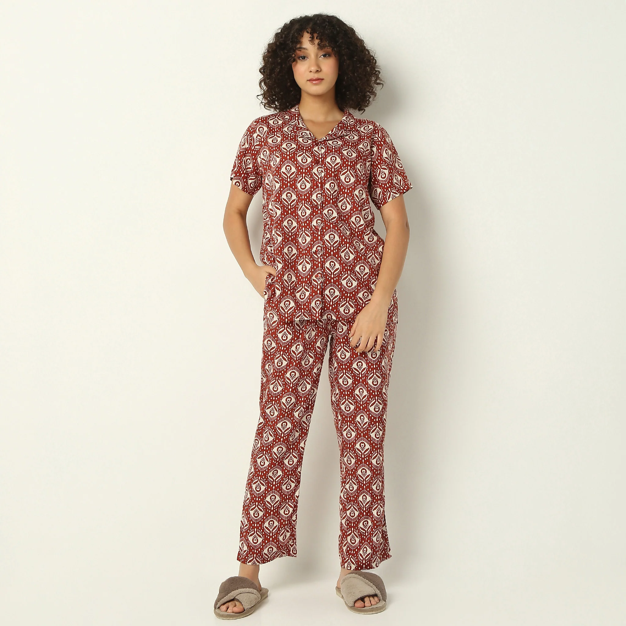 Lapel Collar All Over Print Pyjama And Shirt Sleep Set - Image 2