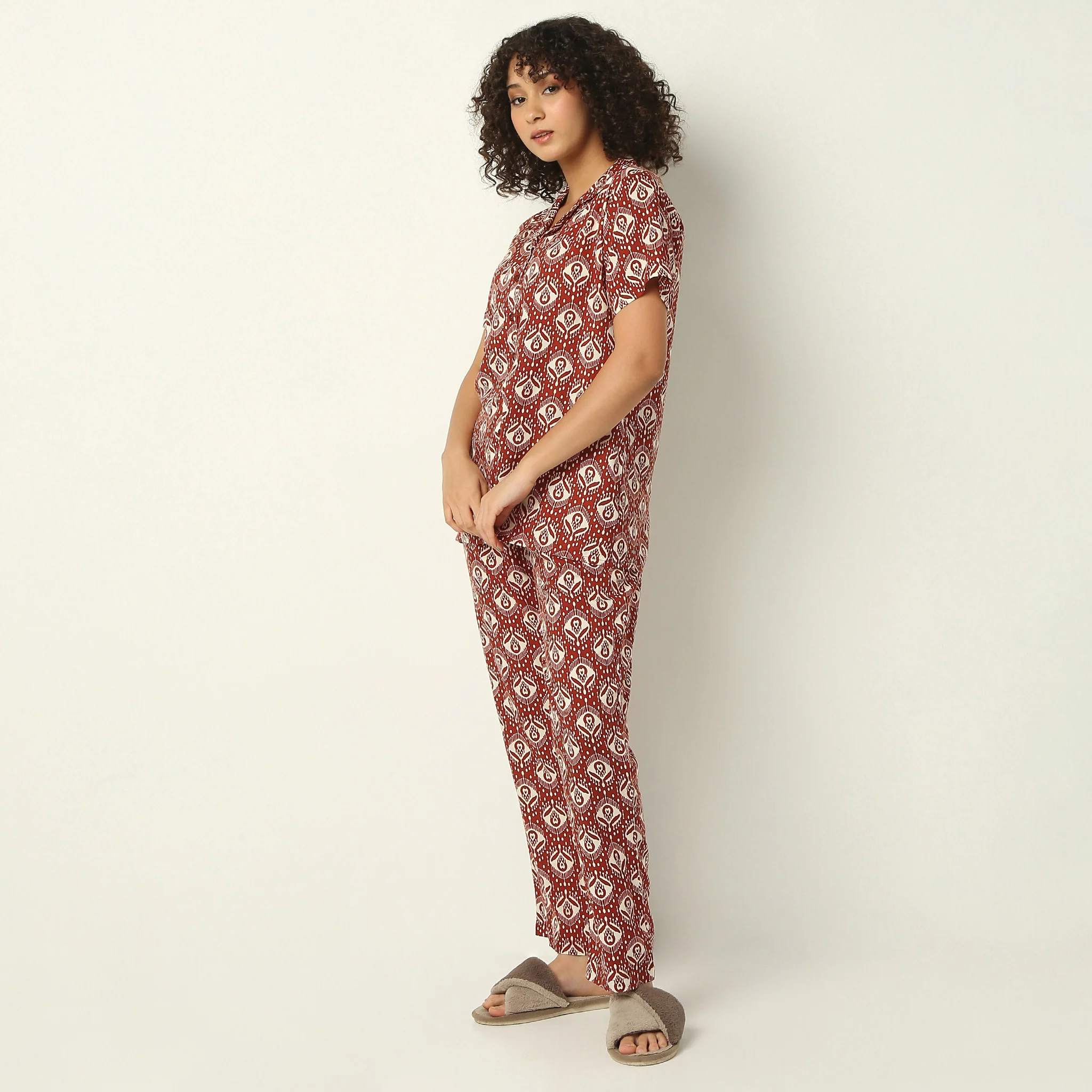 Lapel Collar All Over Print Pyjama And Shirt Sleep Set - Image 5