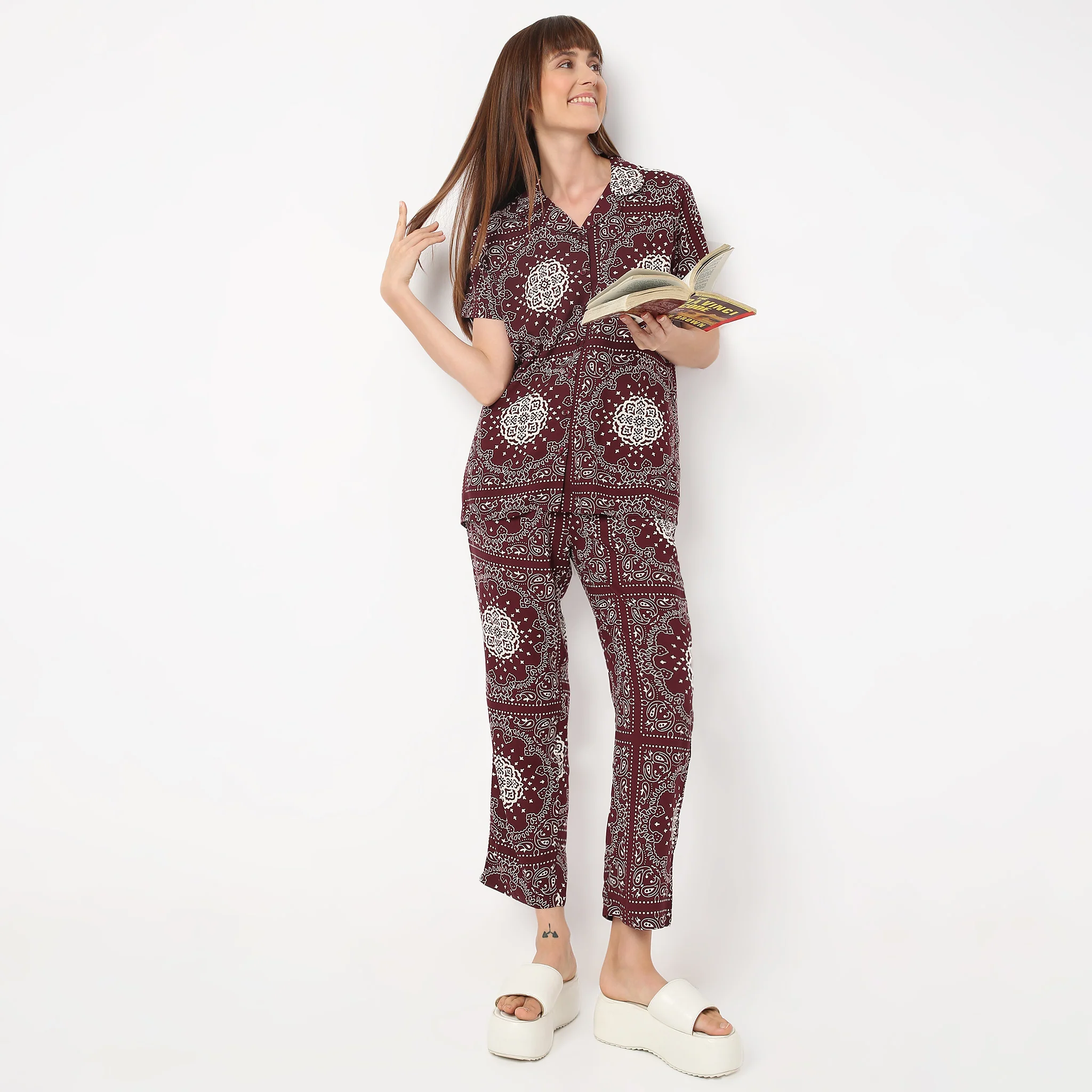 Lapel Collar Short Sleeve Printed Lounge Sleep Set Pyjama And Shirt