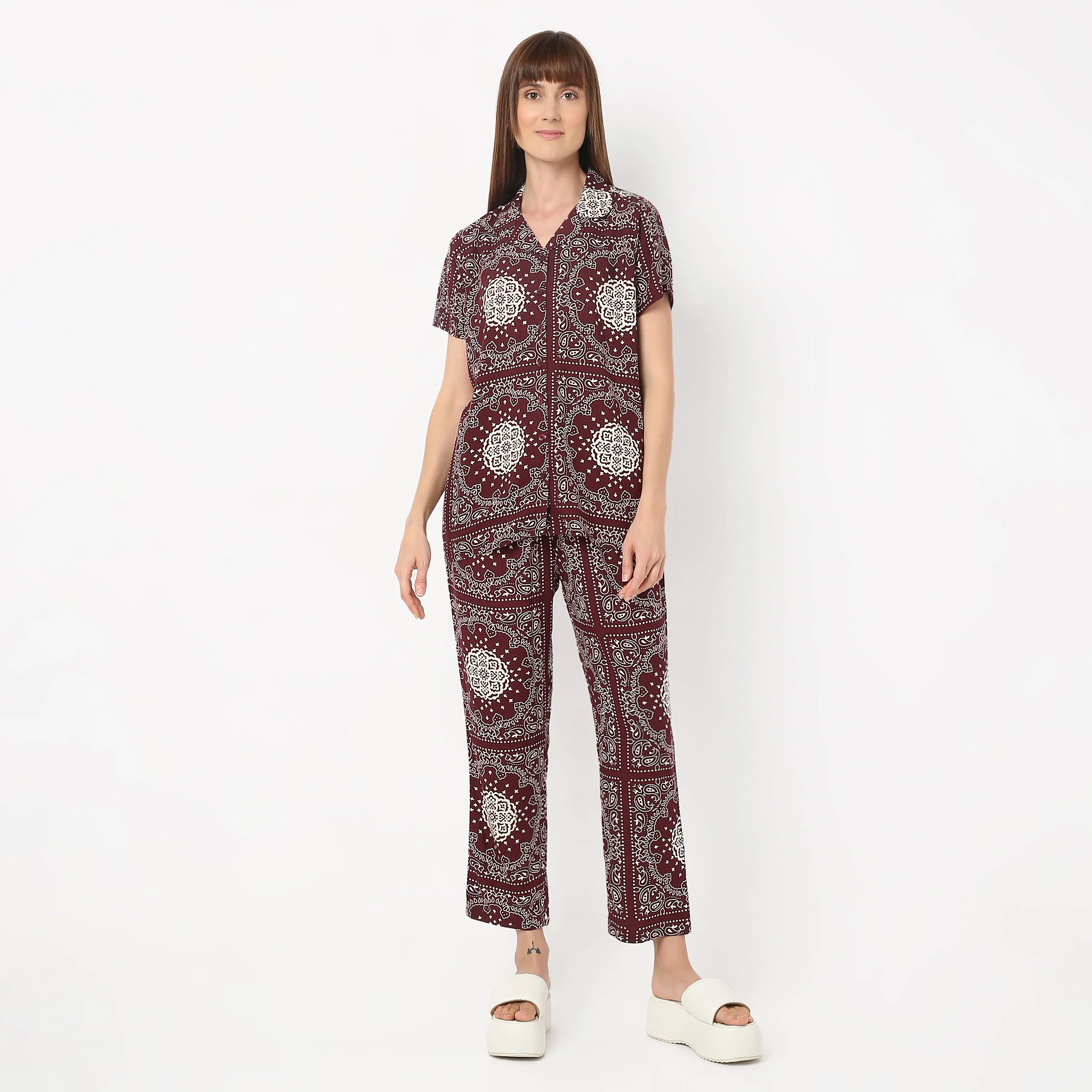 Lapel Collar Short Sleeve Printed Lounge Sleep Set Pyjama And Shirt - Image 2