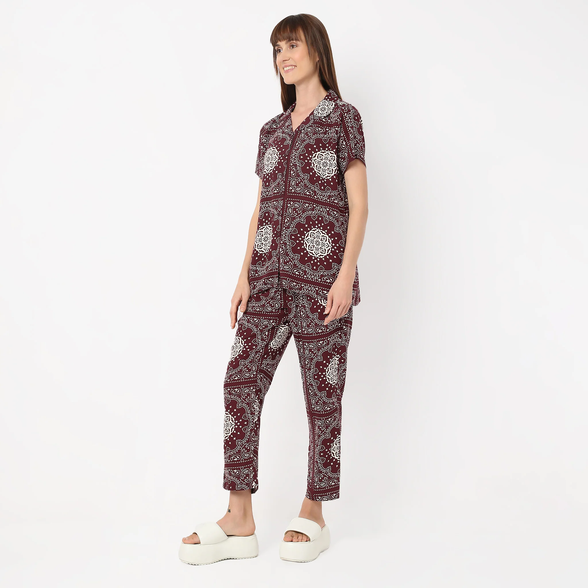 Lapel Collar Short Sleeve Printed Lounge Sleep Set Pyjama And Shirt - Image 5
