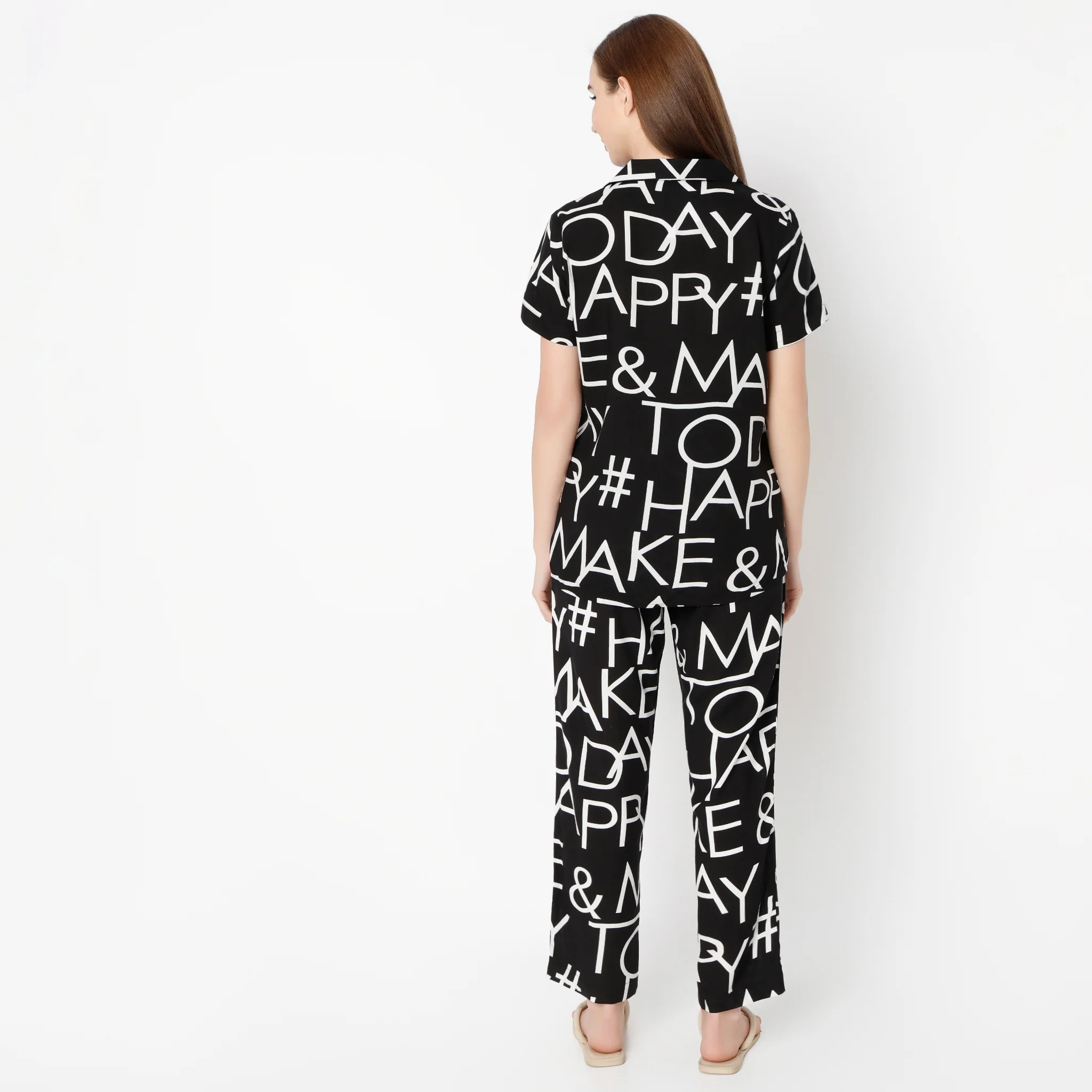 Lapel Collar Alphabet All Over Print Pyjama And Shirt Sleep Set - Image 3