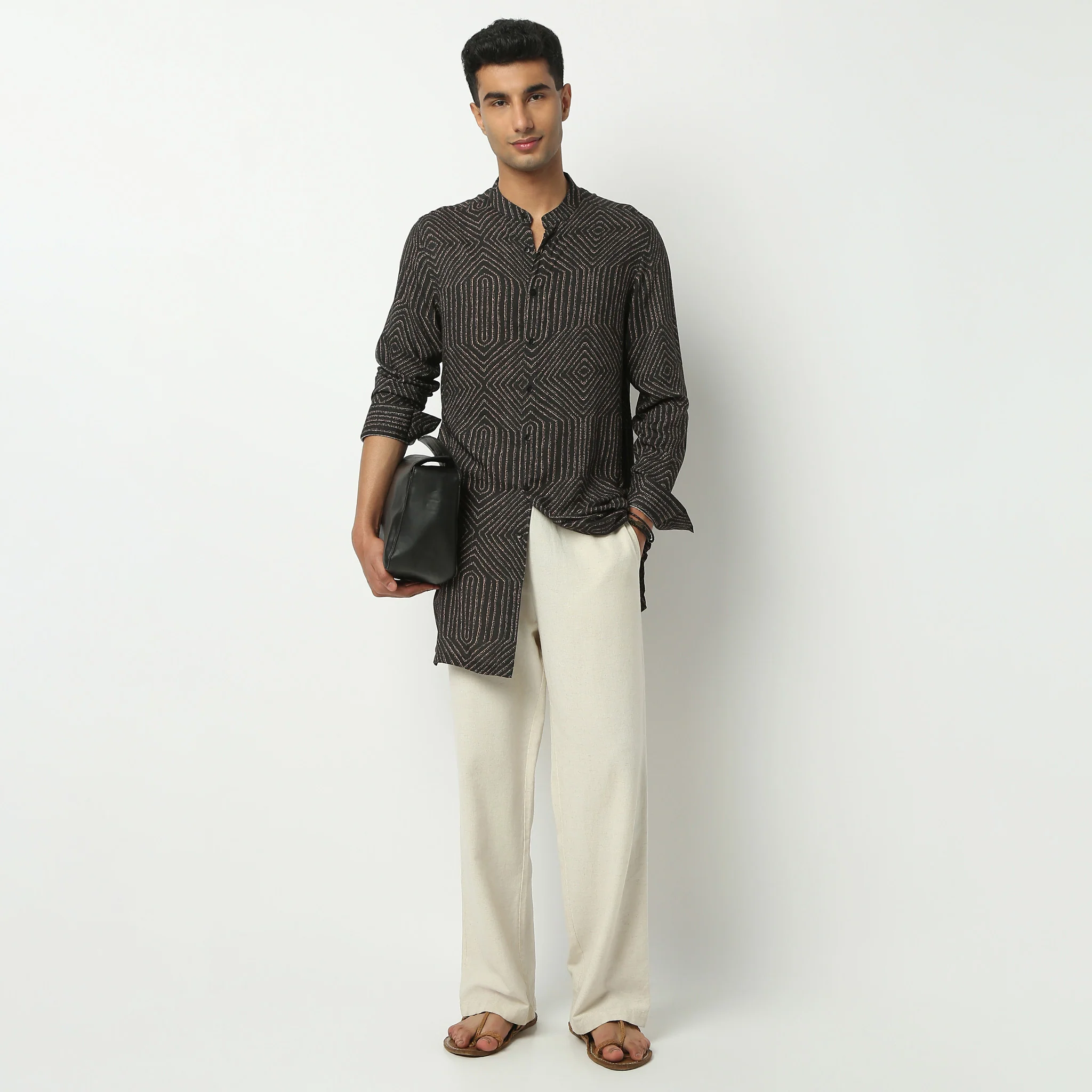 Mandarin Collar Above Knee Full Sleeve Digital Printed Mid Kurta