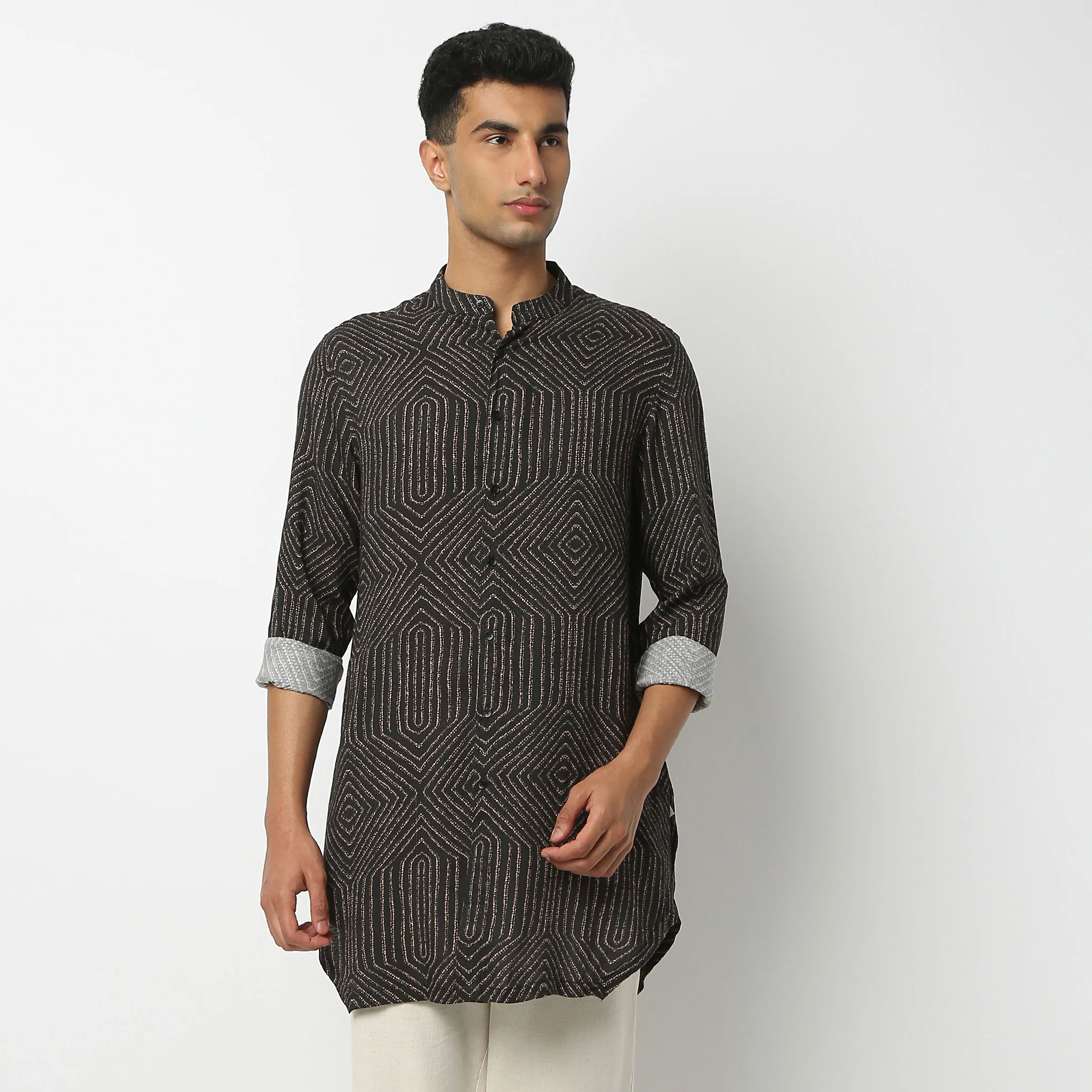 Mandarin Collar Above Knee Full Sleeve Digital Printed Mid Kurta - Image 2