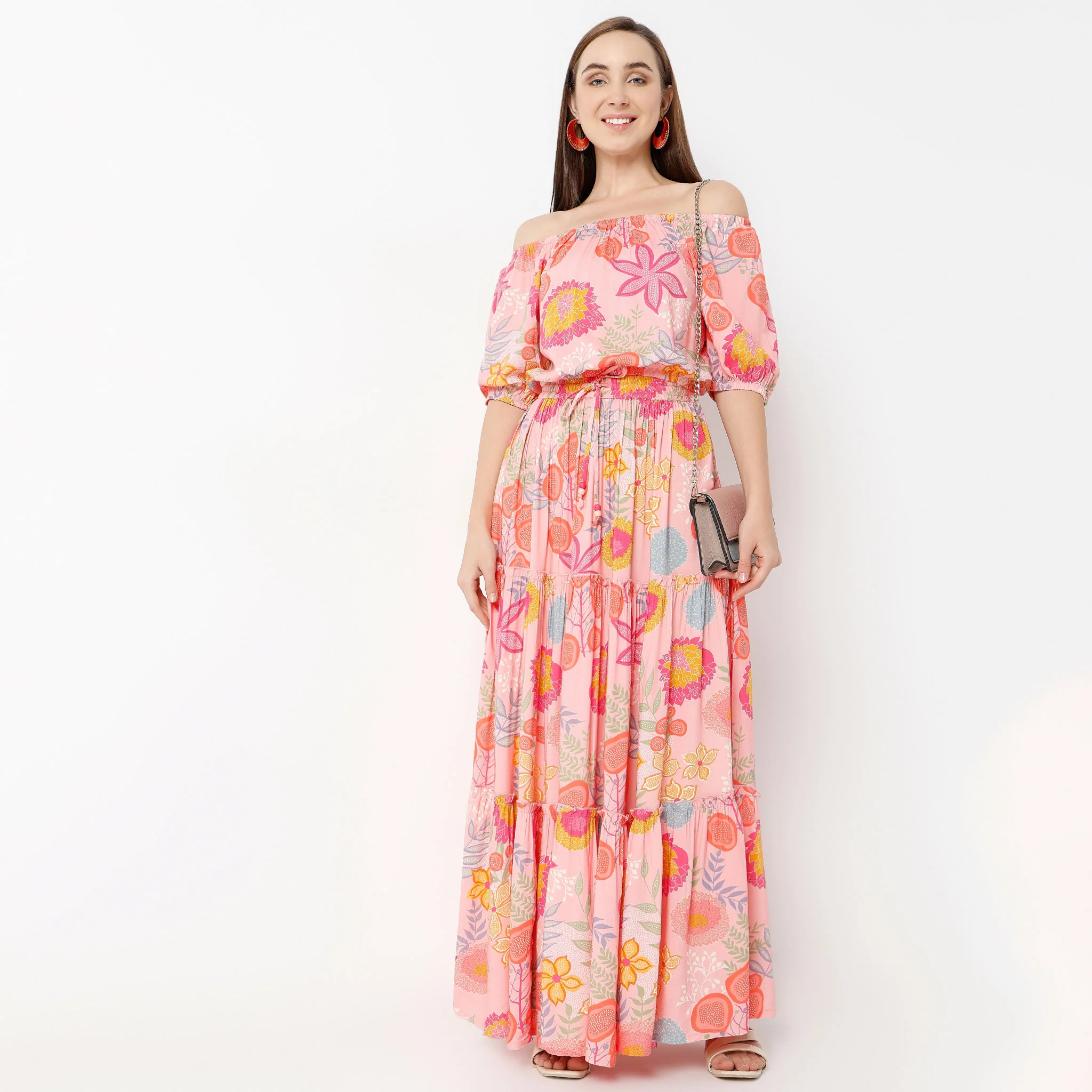 Off Shoulder Elbow Sleeve Printed Crop Top