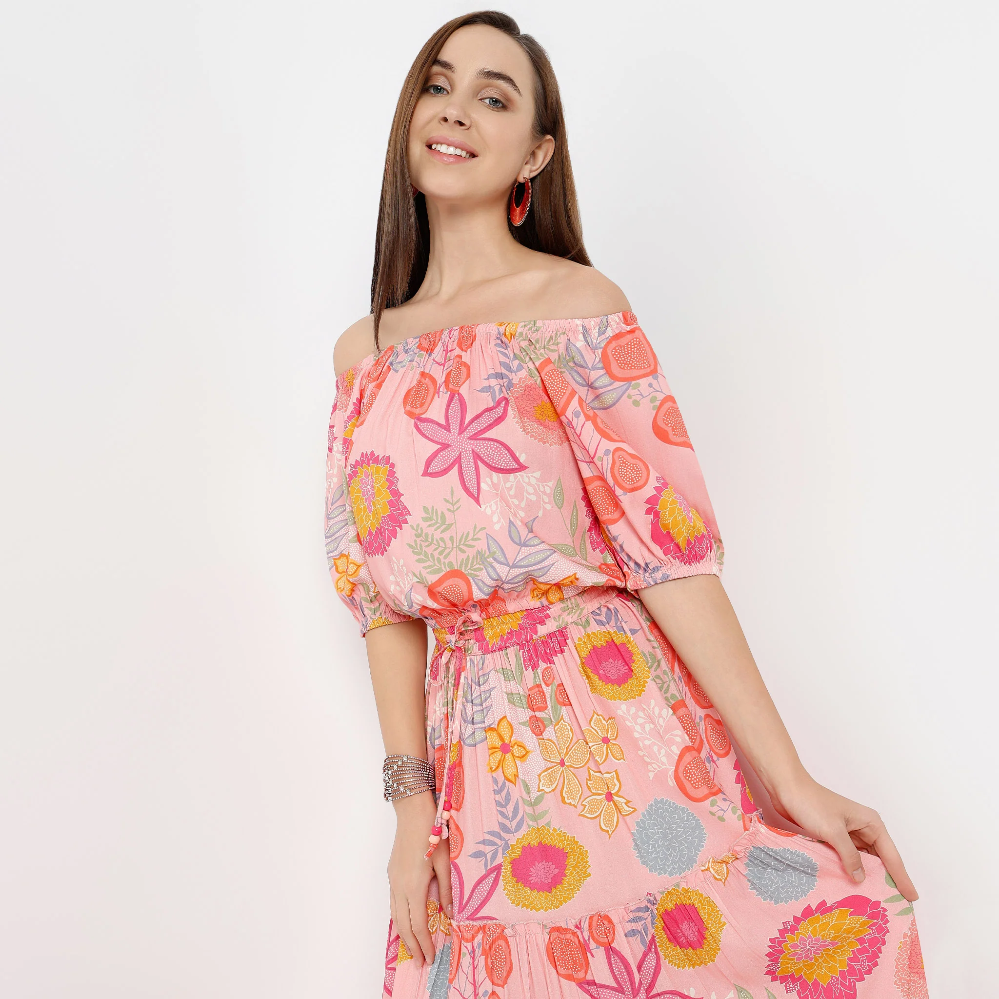 Off Shoulder Elbow Sleeve Printed Crop Top - Image 2