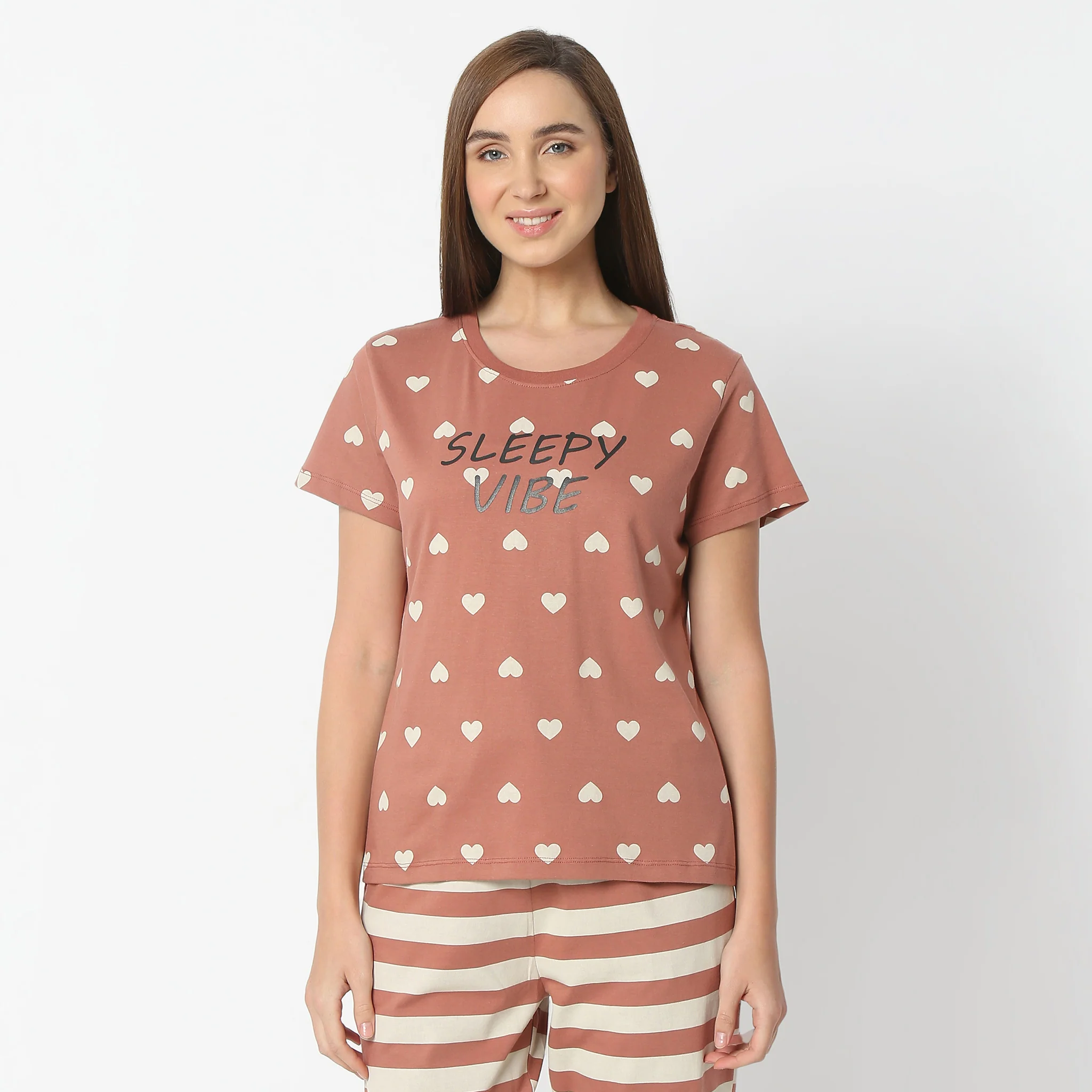 Printed Round Neck Short Sleeve Lounge T-Shirt - Image 2