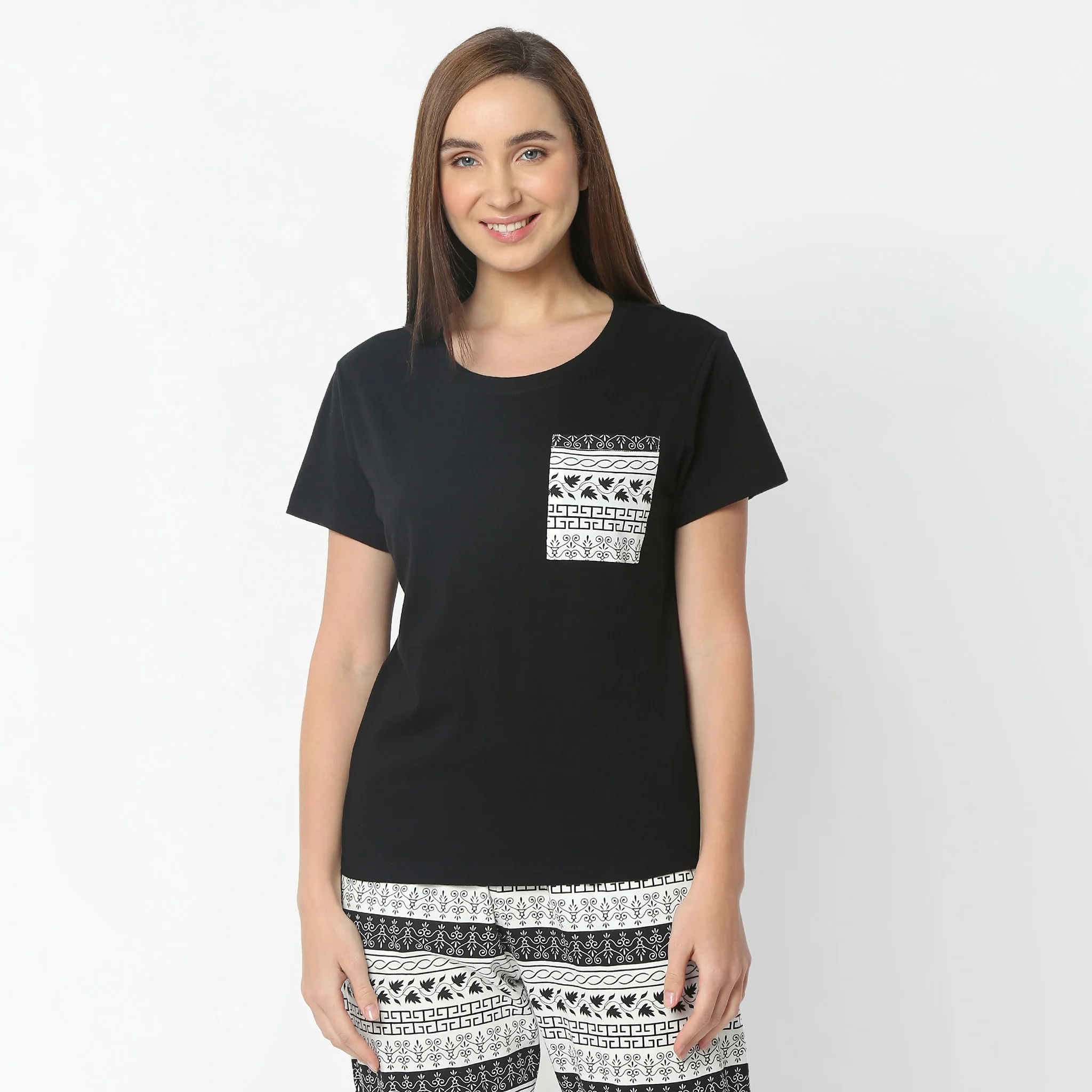 Printed Round Neck Short Sleeve Lounge T-Shirt - Image 2