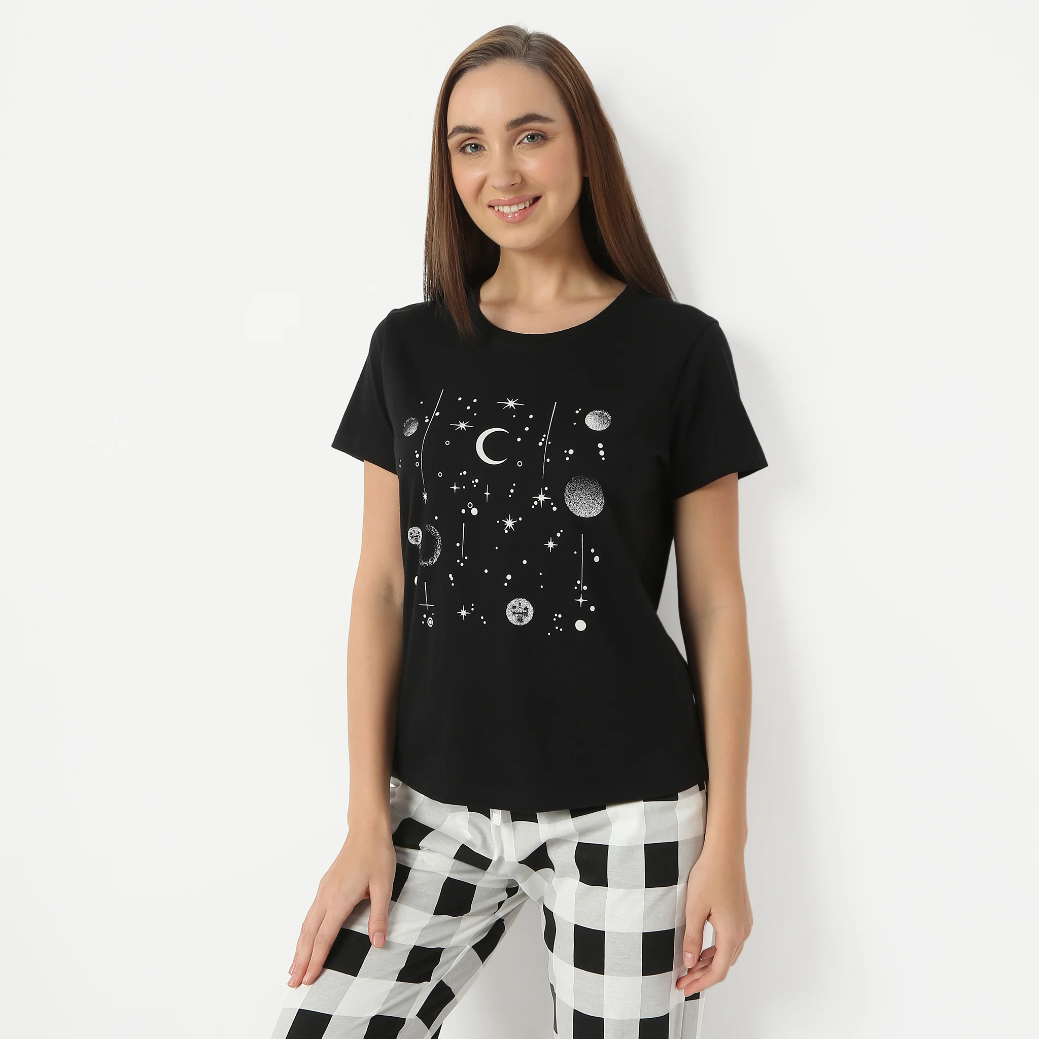 Printed Round Neck Short Sleeve Lounge T-Shirt - Image 2