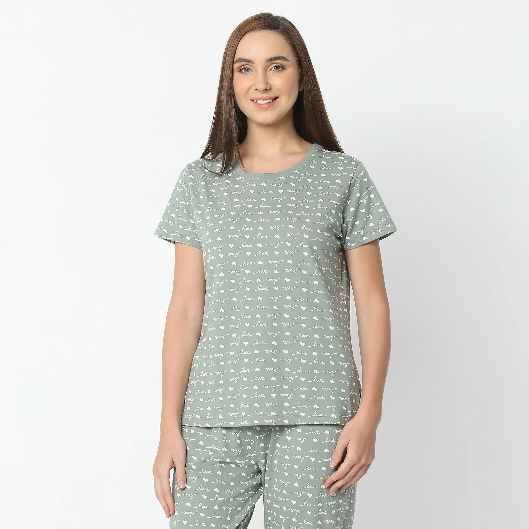 Printed Round Neck Short Sleeve Lounge T-Shirt - Image 2