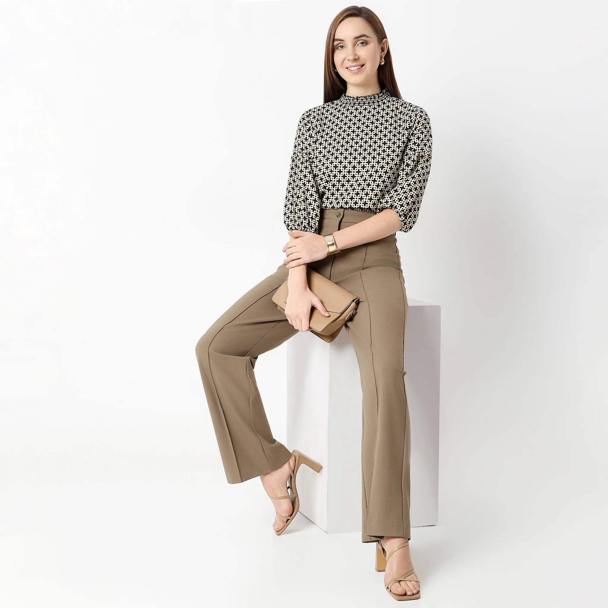 Round Neck Three-Fourth Flared Sleeve Printed Top