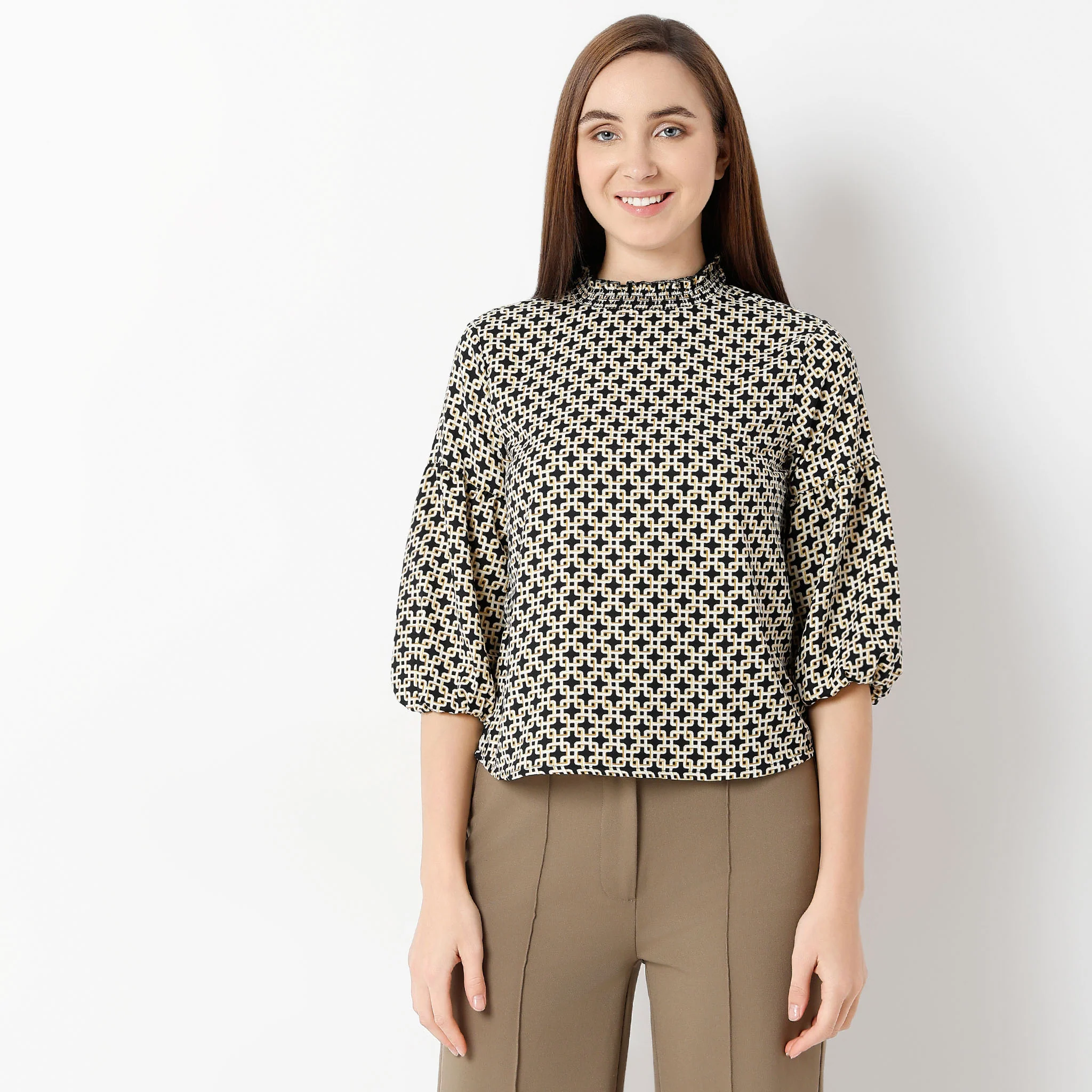 Round Neck Three-Fourth Flared Sleeve Printed Top - Image 2