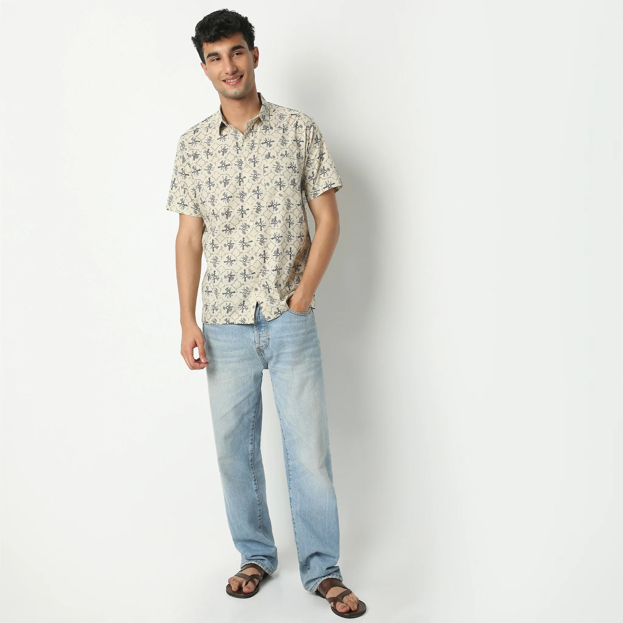 Camp Collar Half Sleeve Relaxed Fit Block Print Shirt