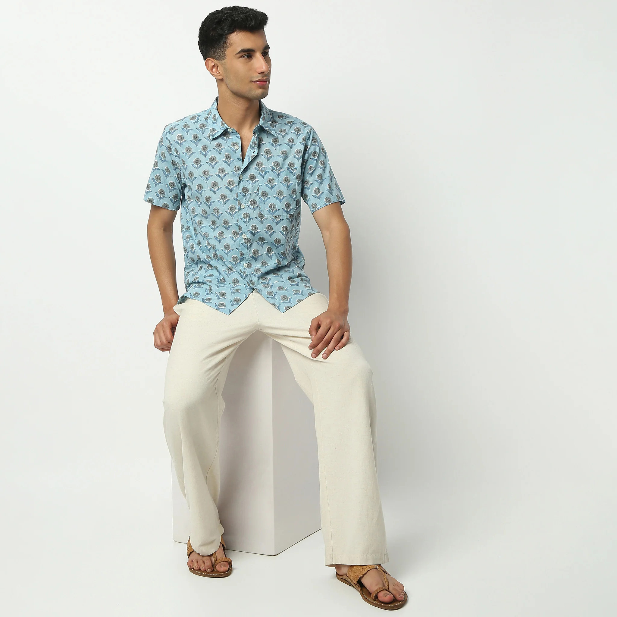 Shirt Collar Half Sleeve Short Length Block Print Shirt