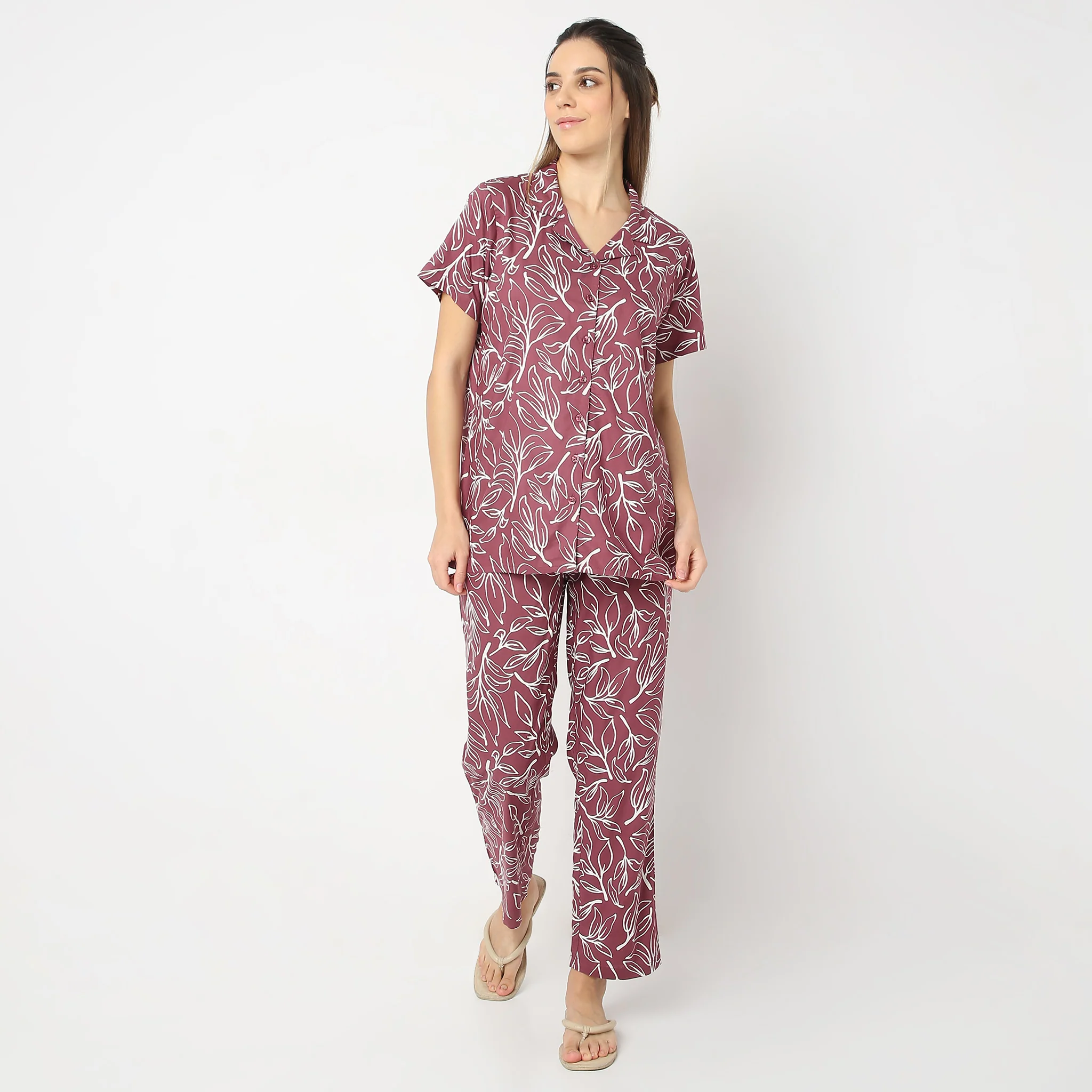 Floral Print Lapel Collar Short Sleeve Shirt With Pyjama Sleepwear Set - Image 2
