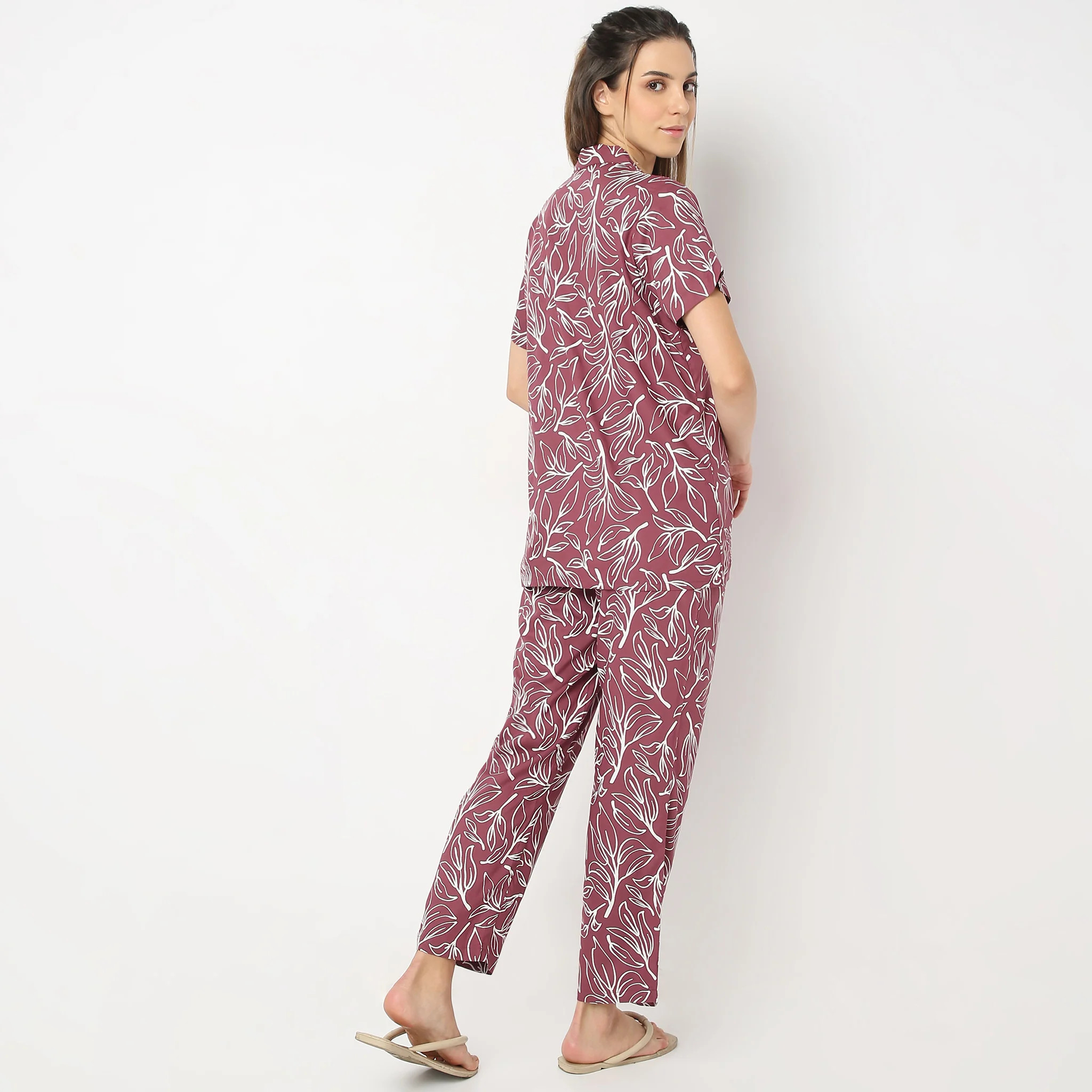 Floral Print Lapel Collar Short Sleeve Shirt With Pyjama Sleepwear Set - Image 3