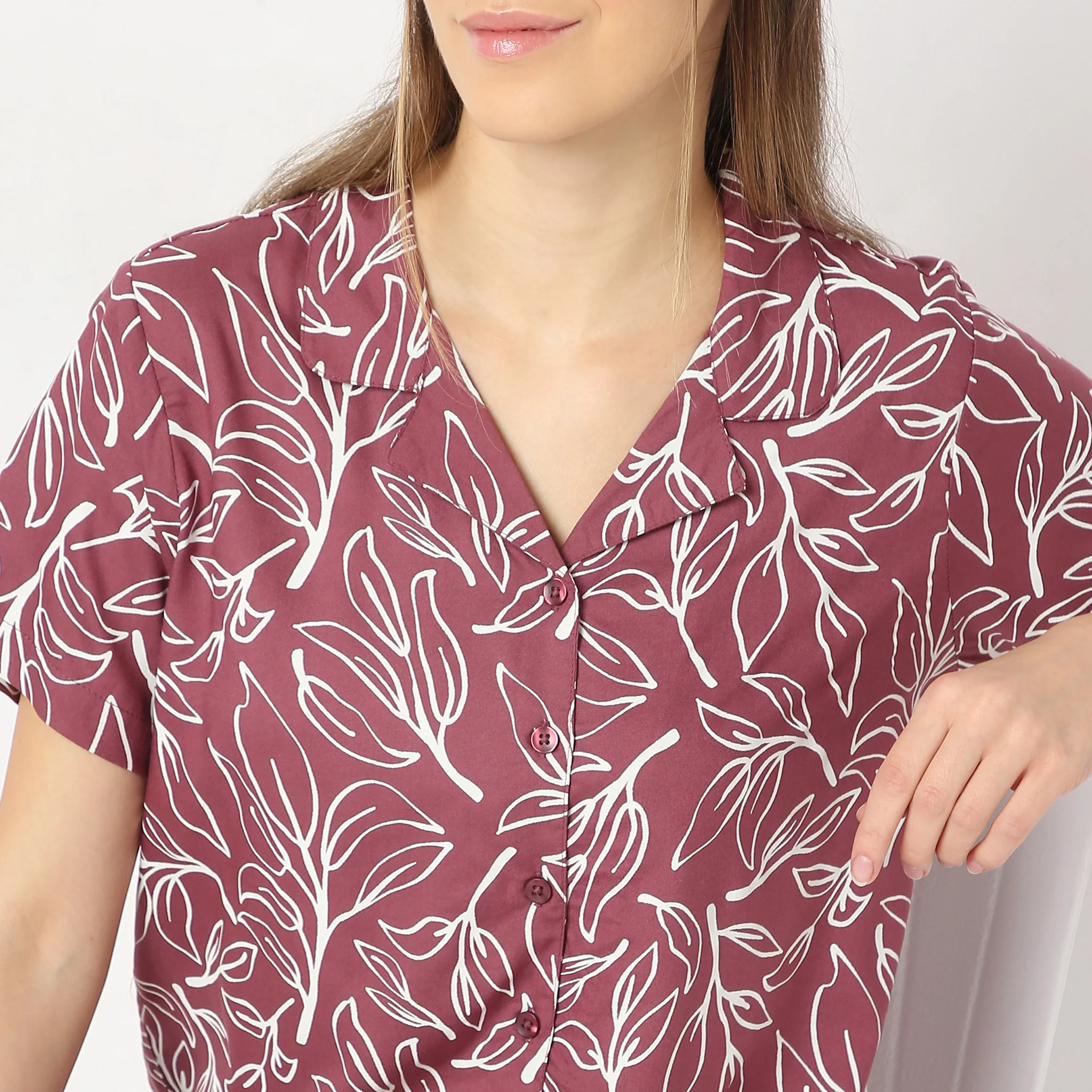 Floral Print Lapel Collar Short Sleeve Shirt With Pyjama Sleepwear Set - Image 4