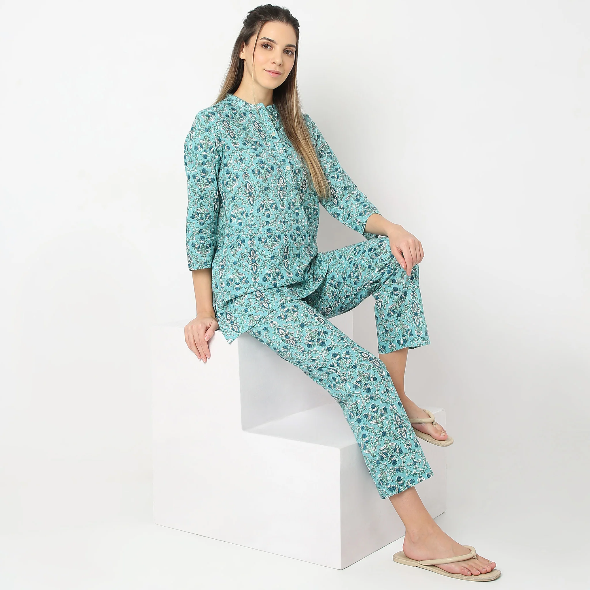 Floral Print Band Collar Short Sleeve Shirt With Pyjama Sleepwear Set