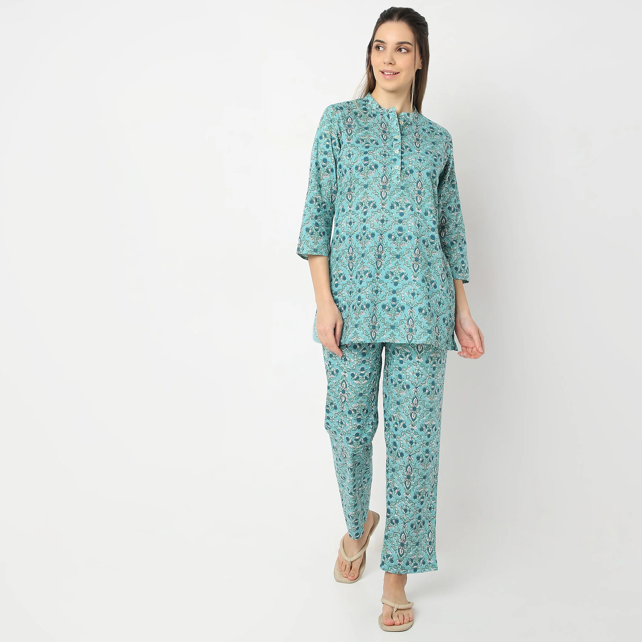 Floral Print Band Collar Short Sleeve Shirt With Pyjama Sleepwear Set - Image 2