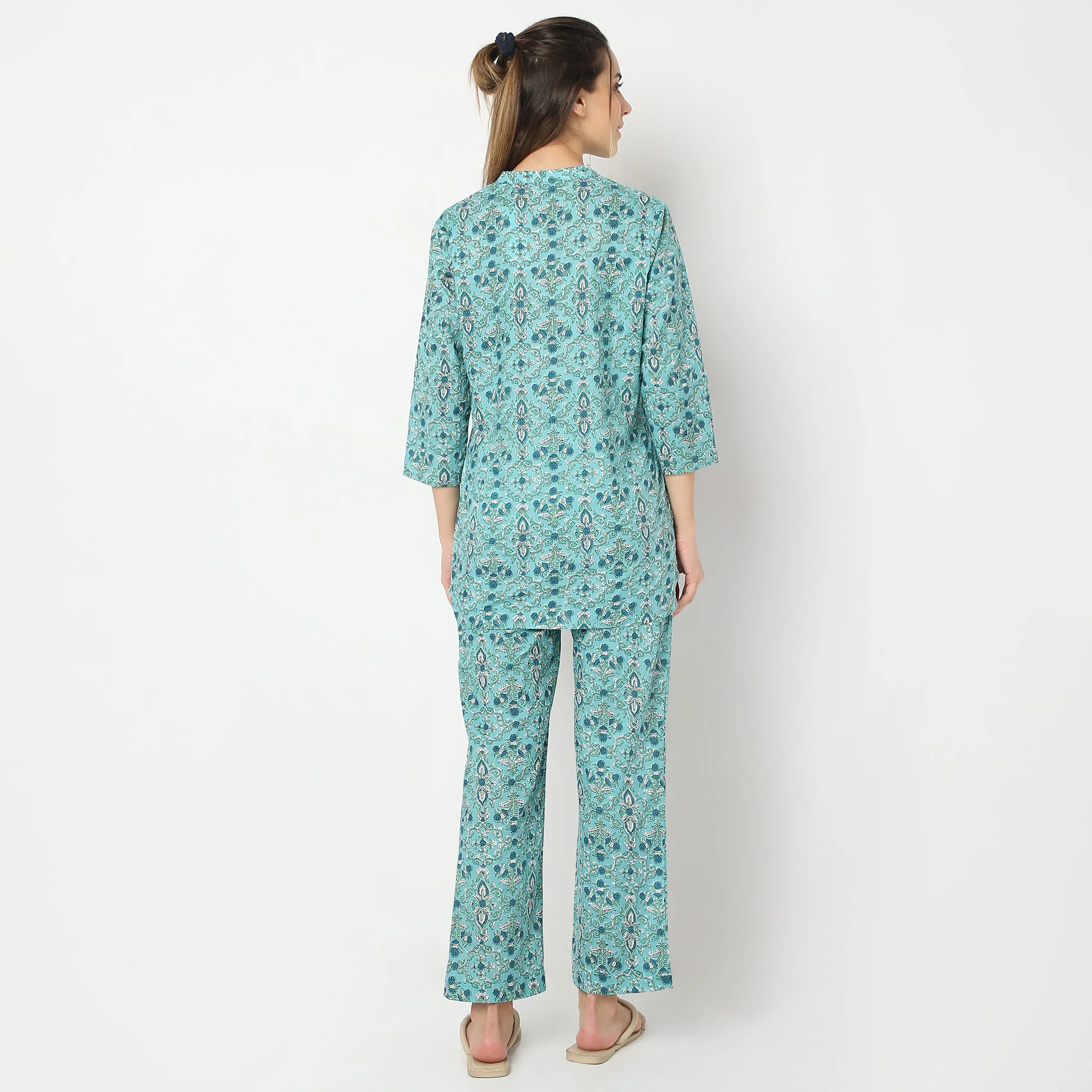 Floral Print Band Collar Short Sleeve Shirt With Pyjama Sleepwear Set - Image 3