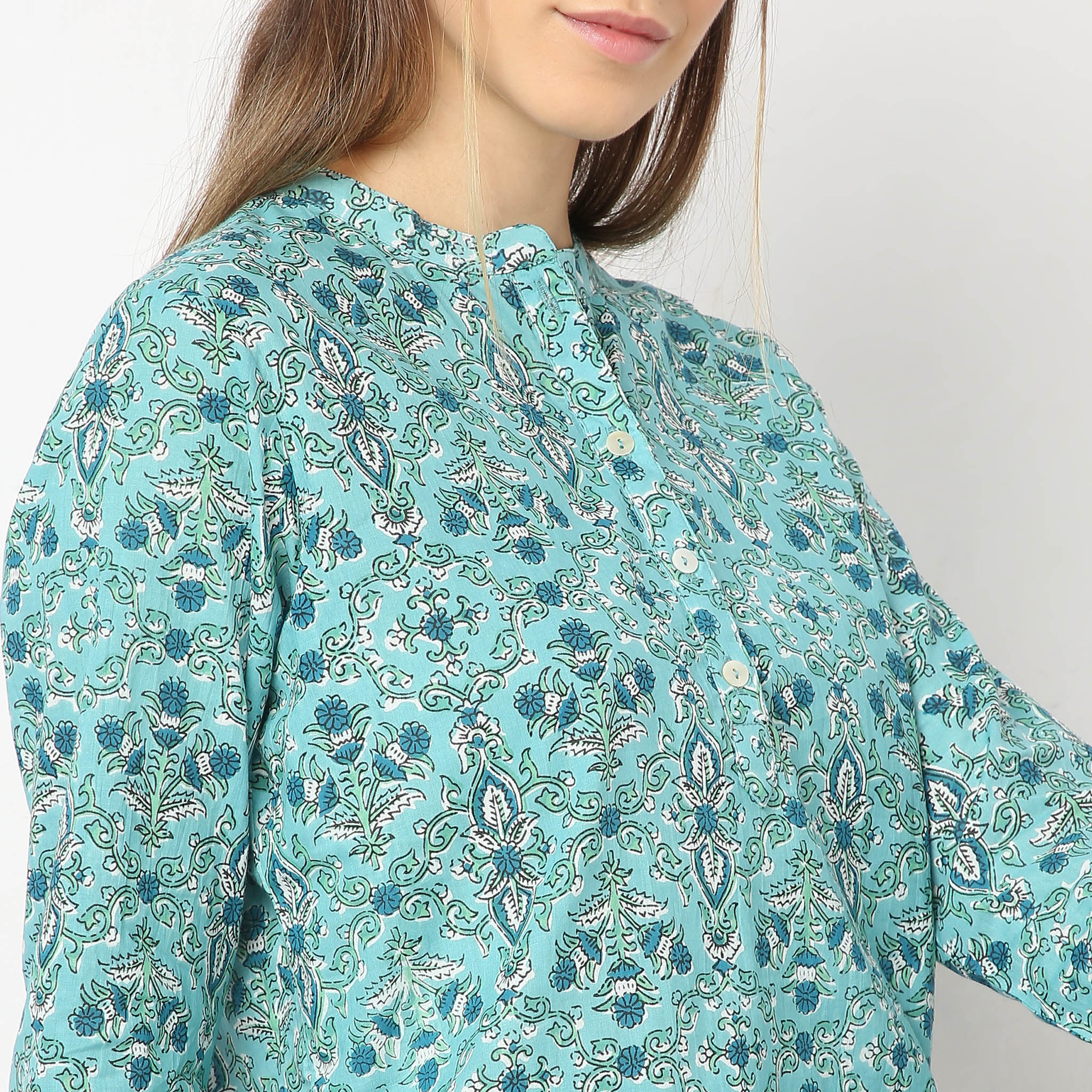 Floral Print Band Collar Short Sleeve Shirt With Pyjama Sleepwear Set - Image 4
