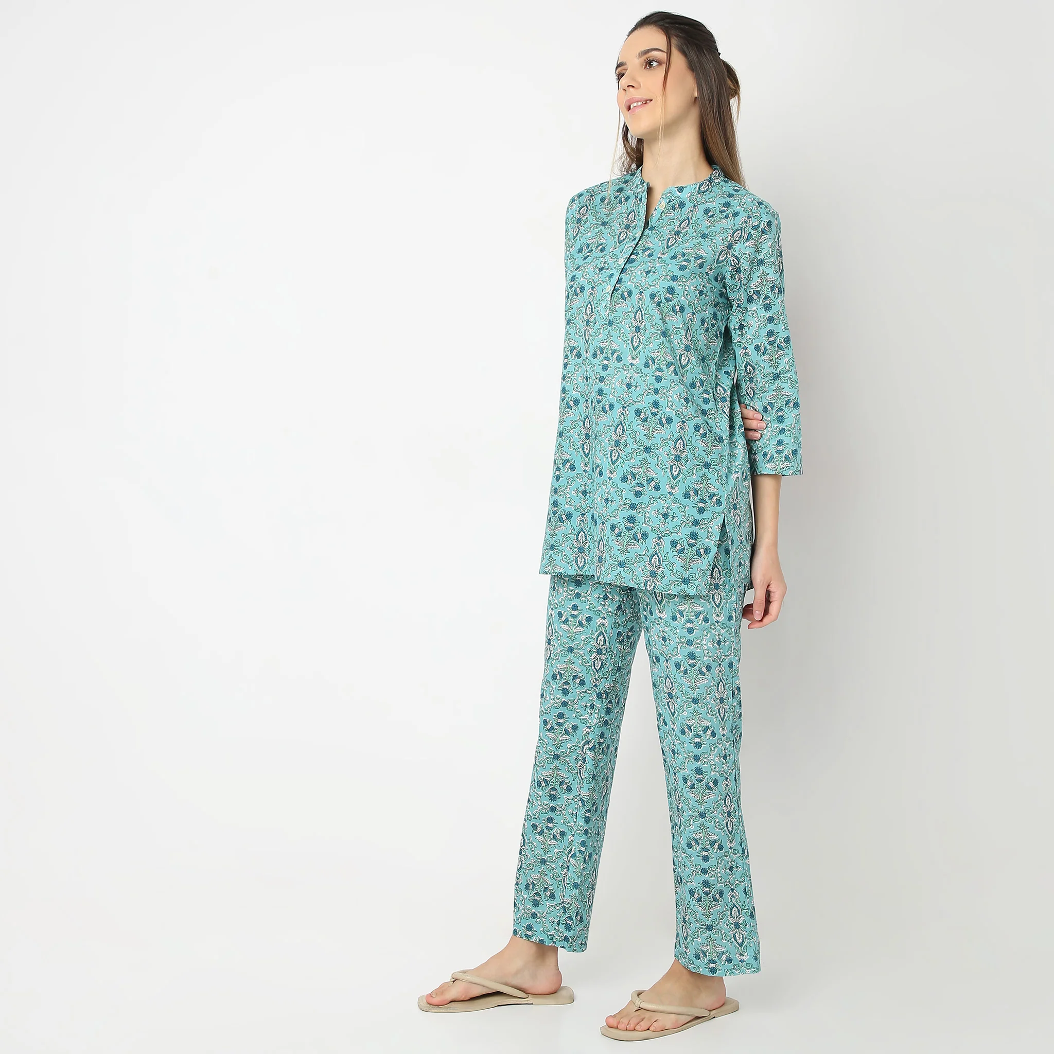 Floral Print Band Collar Short Sleeve Shirt With Pyjama Sleepwear Set - Image 5
