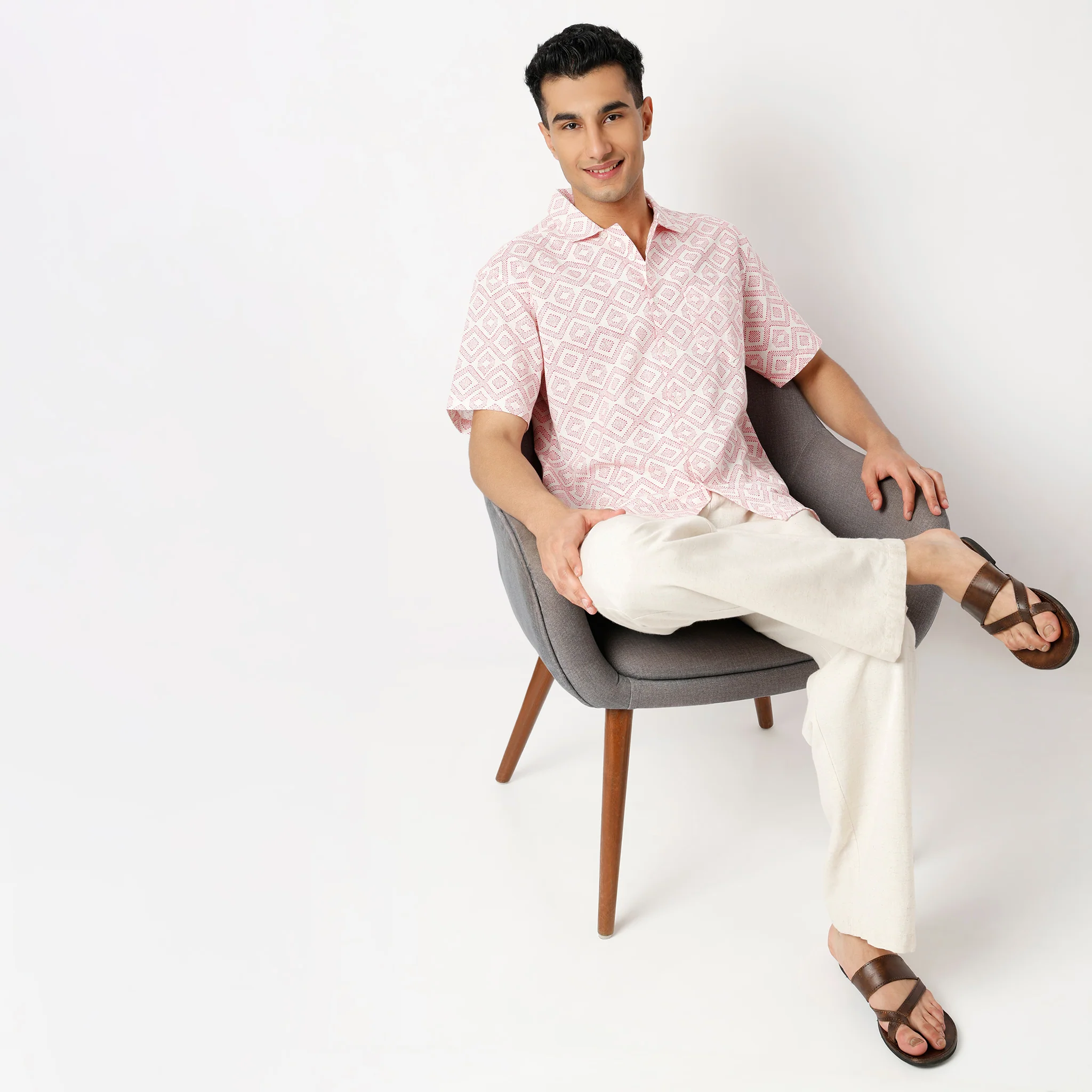 Over Size Printed Structure Cotton Flex Half Sleeve Shirt