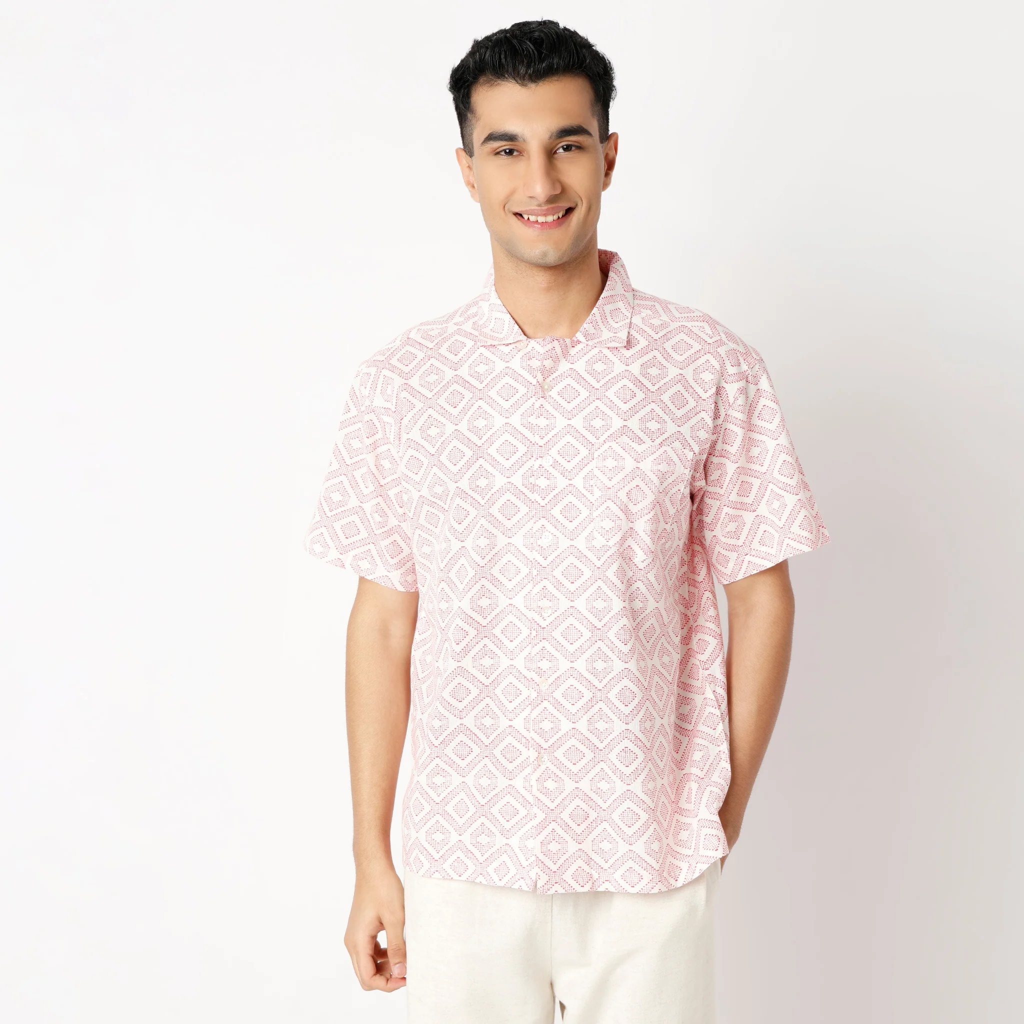 Over Size Printed Structure Cotton Flex Half Sleeve Shirt - Image 2