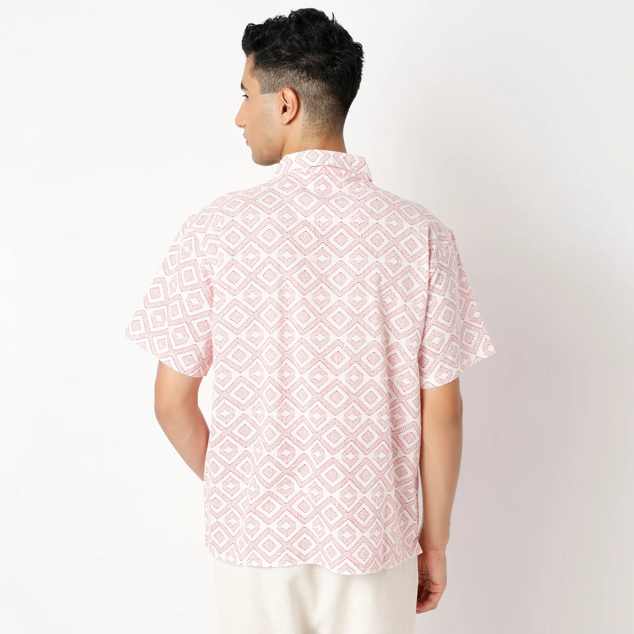 Over Size Printed Structure Cotton Flex Half Sleeve Shirt - Image 3