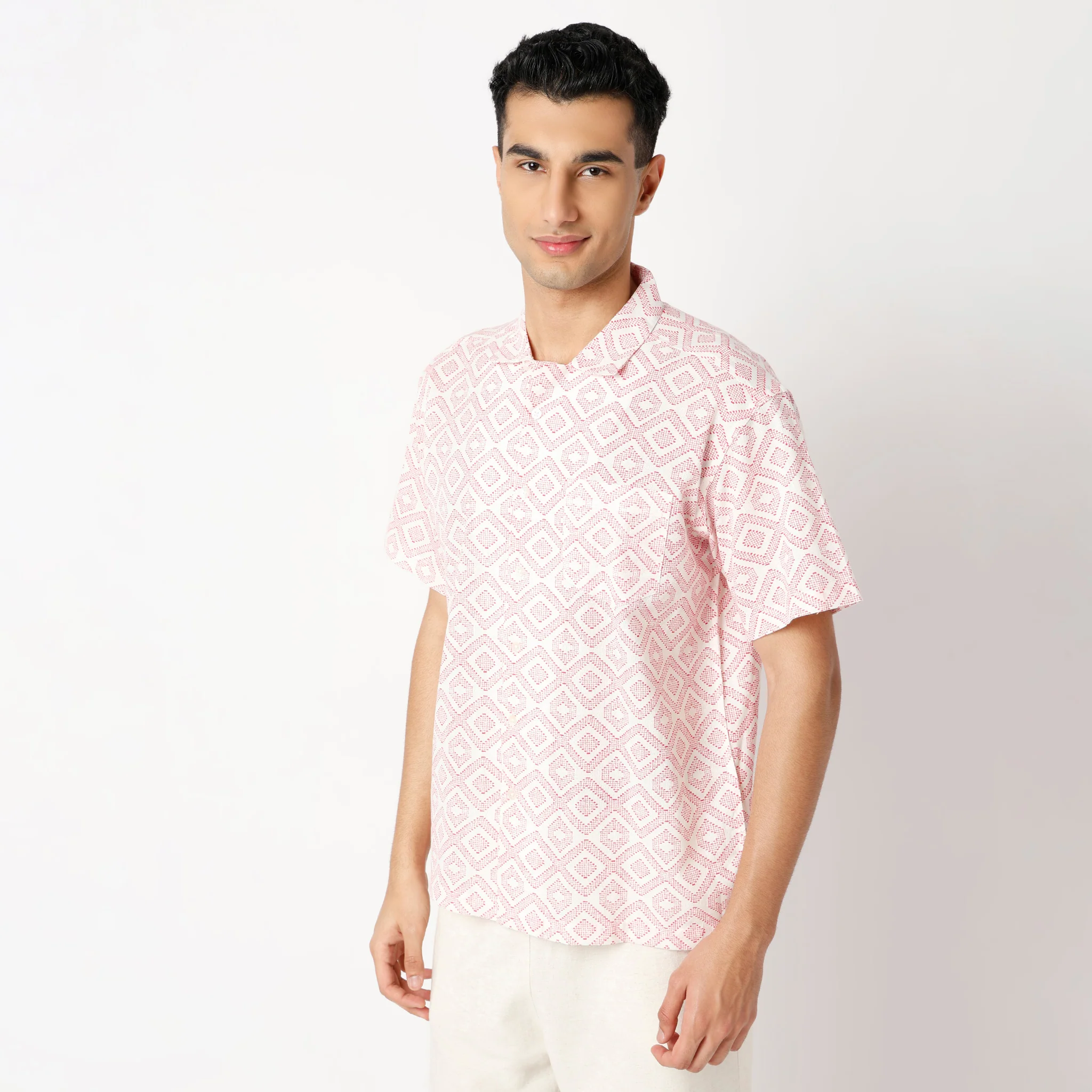 Over Size Printed Structure Cotton Flex Half Sleeve Shirt - Image 5