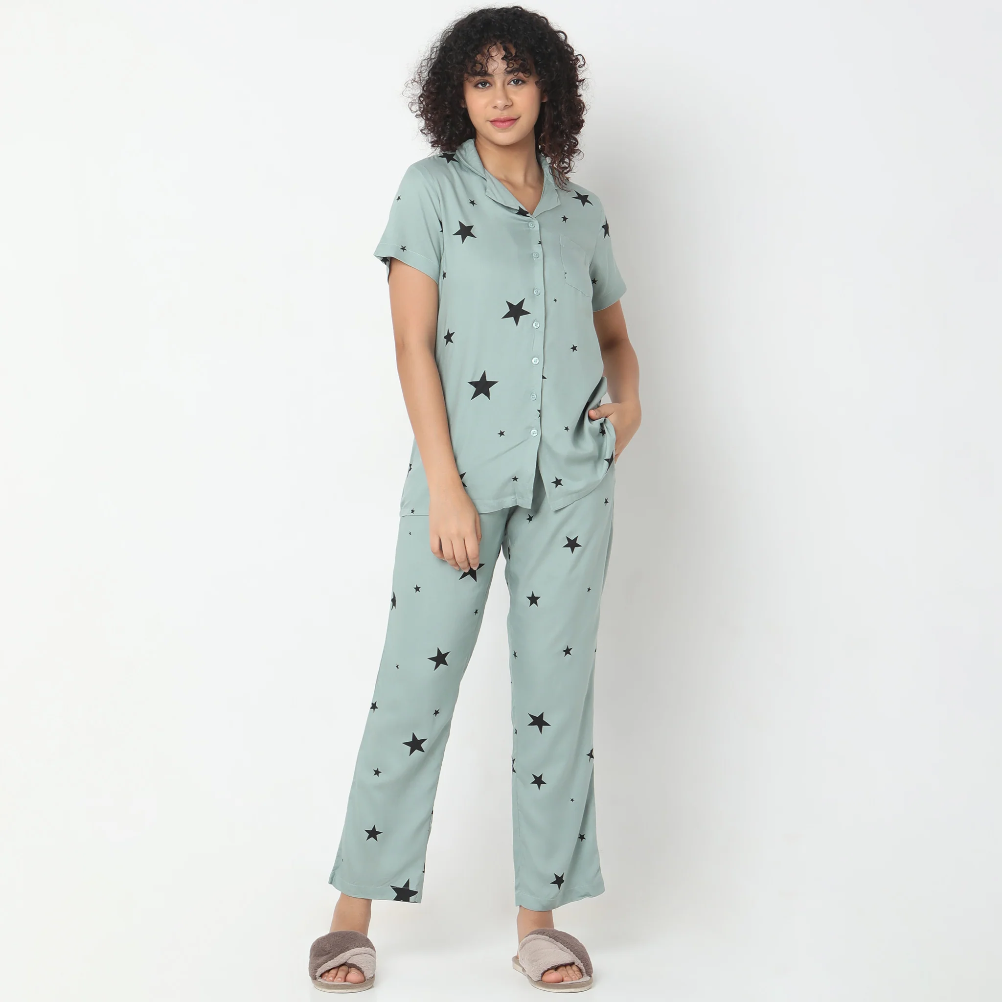 Woven Printed T-Shirt With Pyjama Sleepwear Set - Image 2
