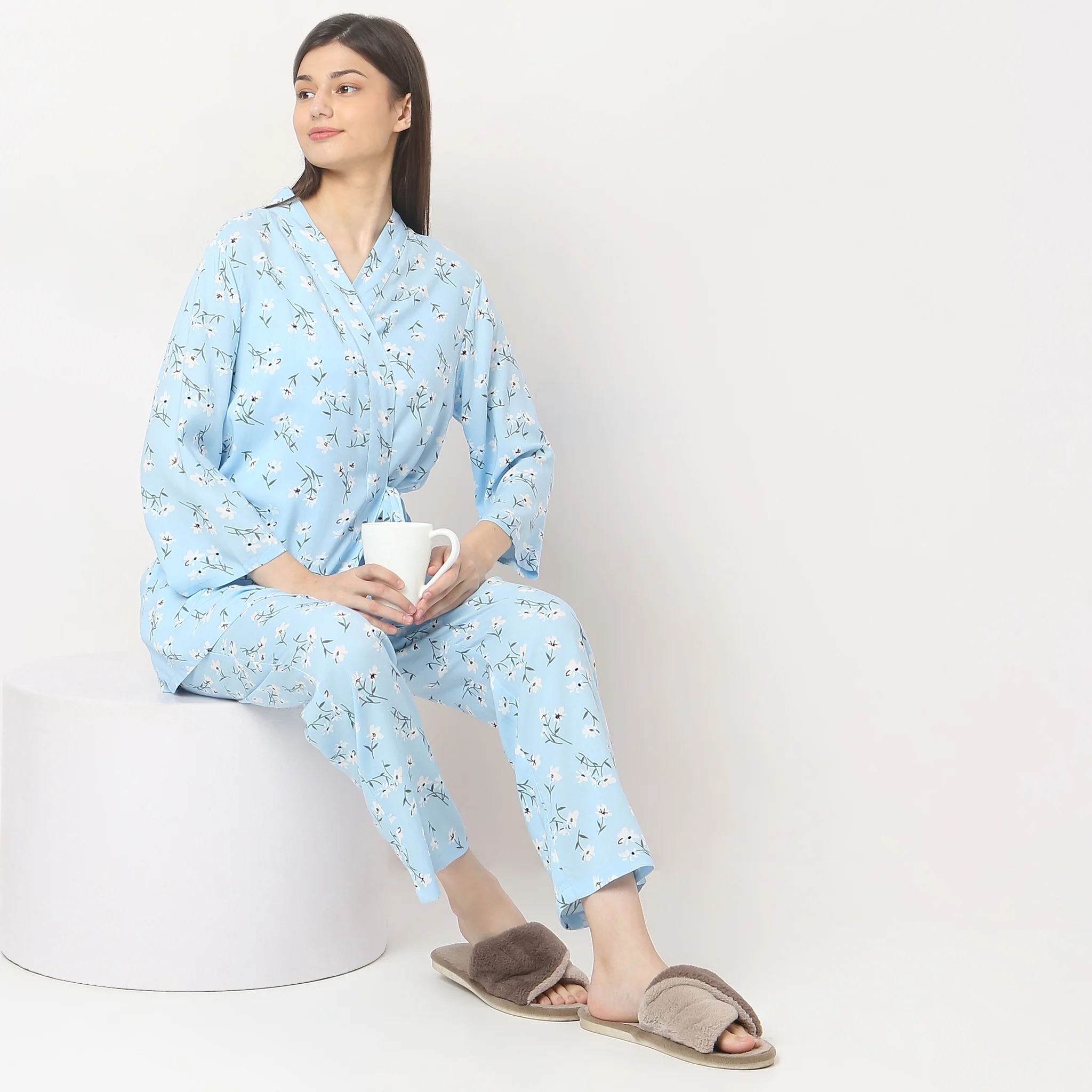 Woven Printed Slip And Pyjama With Shrug Set
