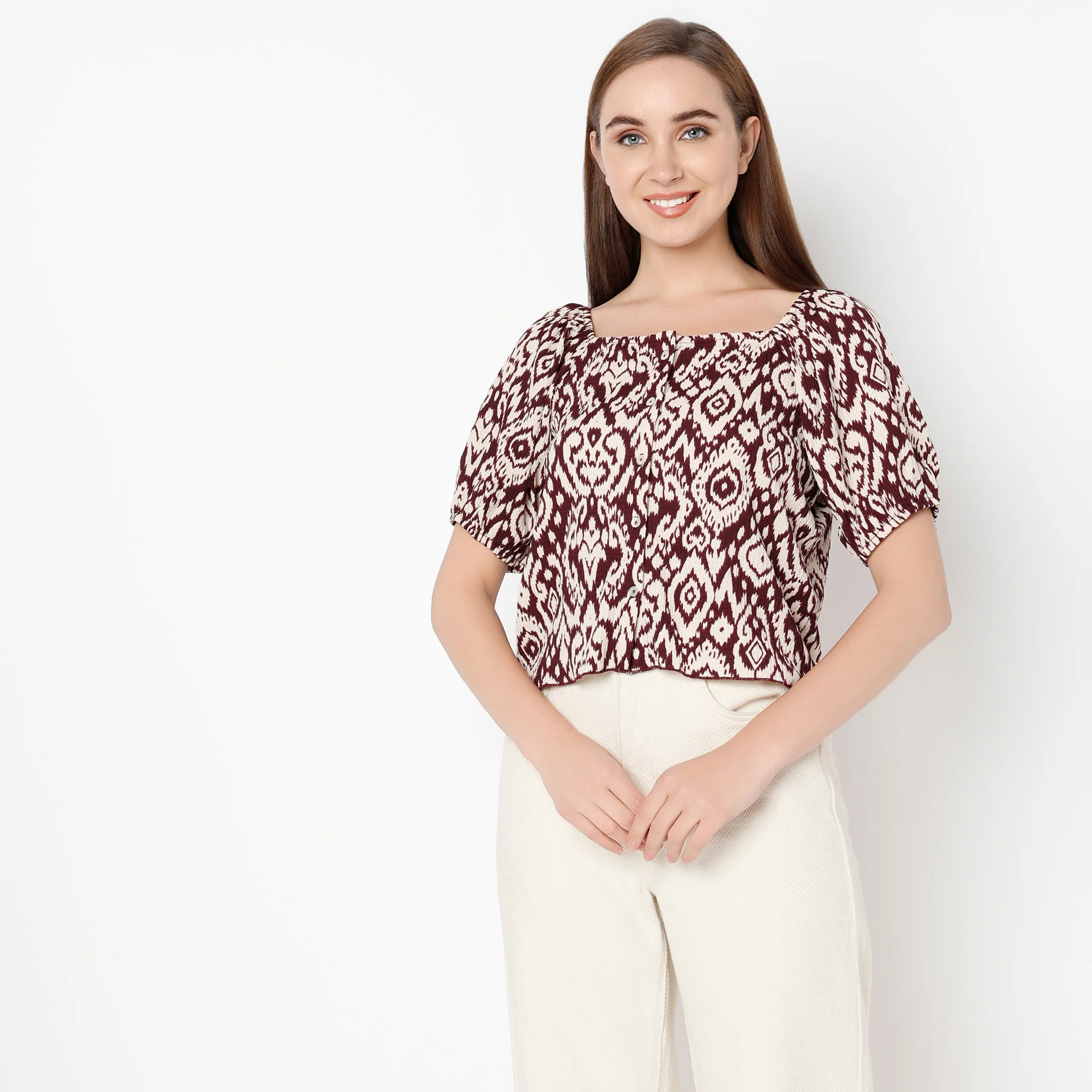 Sweat Heart Neck Flared Sleeve Printed Top - Image 2