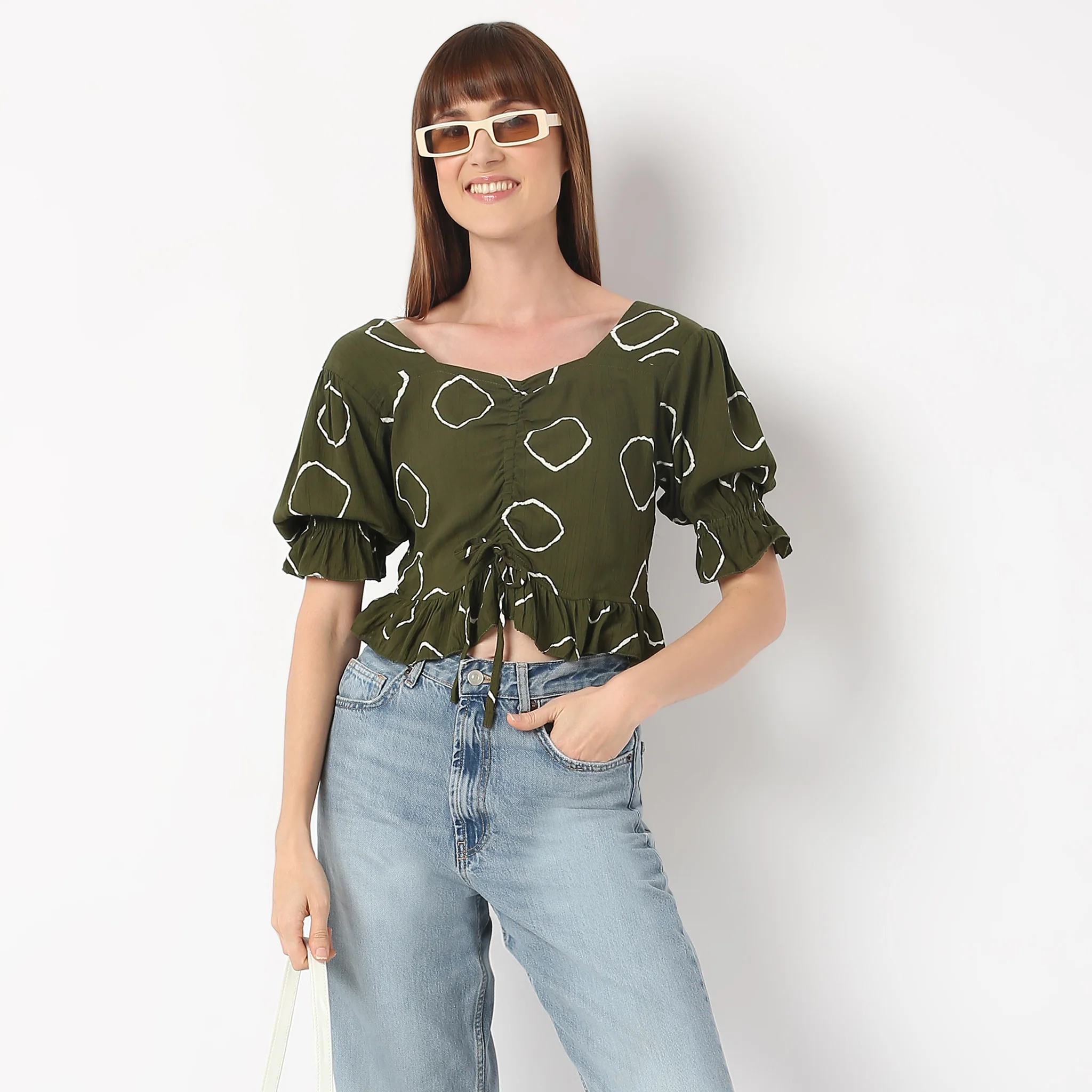 Sweetheart Neck Flared Elbow Sleeve Printed Crop Top - Image 2