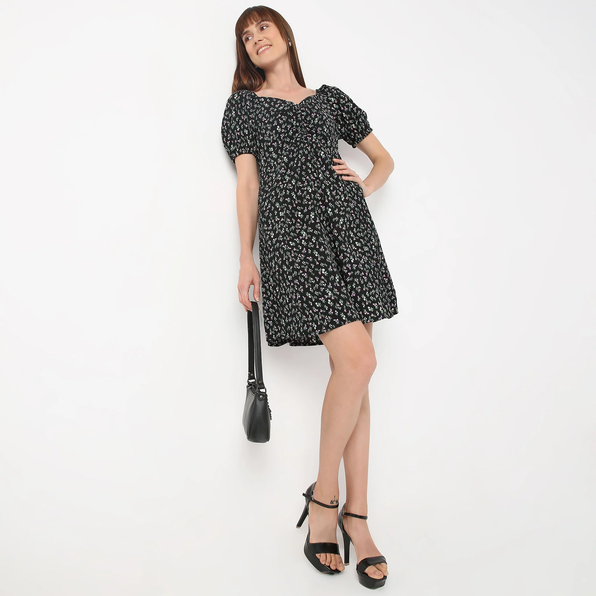 Sweetheart Neck Above Knee Flared Sleeve Flare Fit Floral Print Betty Dress