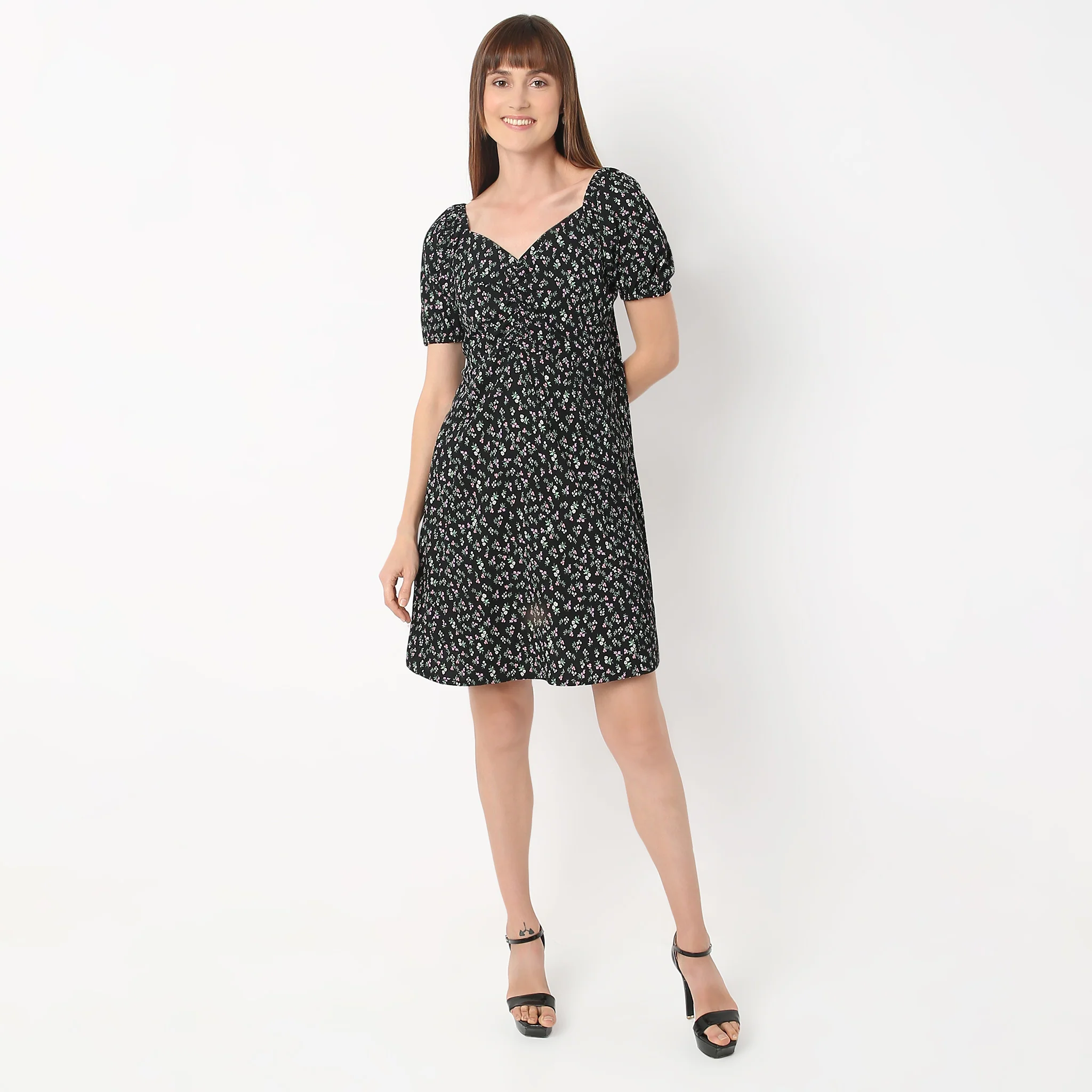 Sweetheart Neck Above Knee Flared Sleeve Flare Fit Floral Print Betty Dress - Image 2