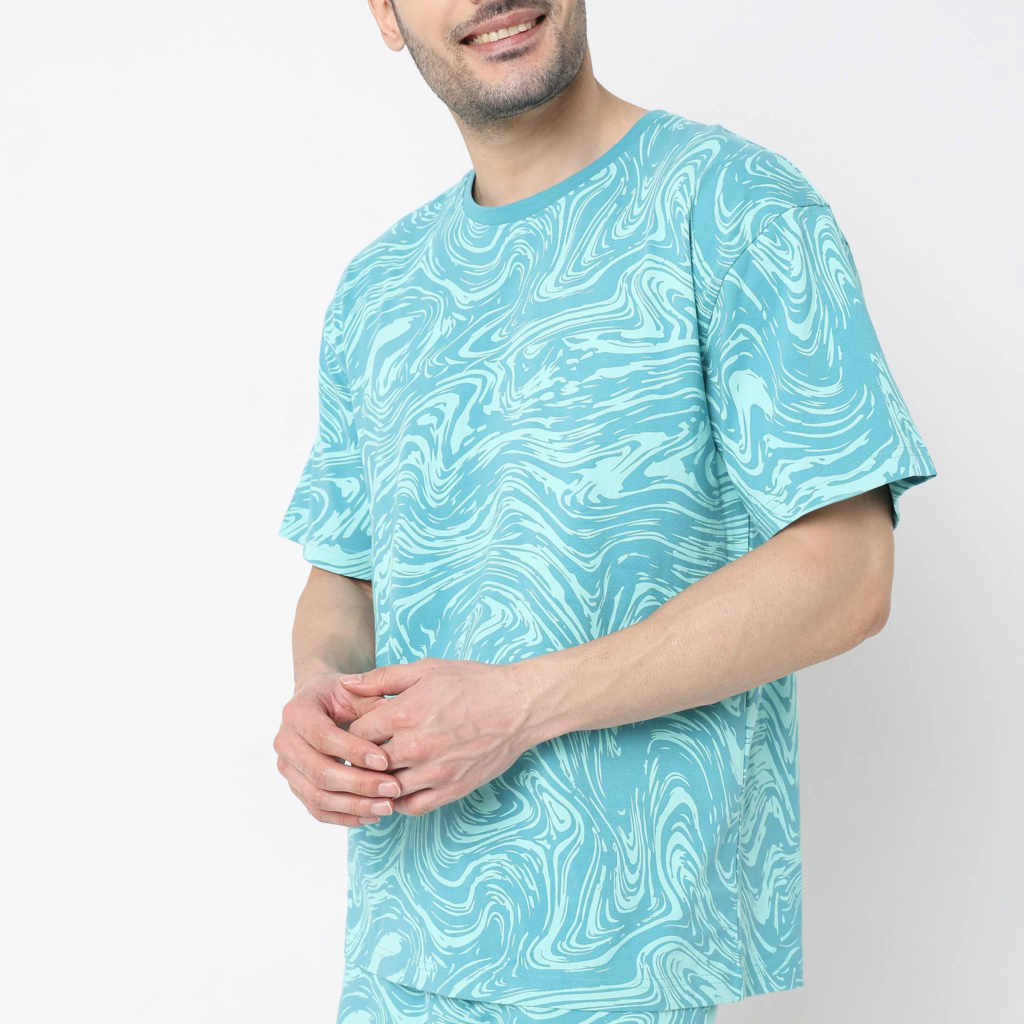 Uni Sets™ - Porcelain Modern Graphic Print Oversized Tee - coordinate look With shorts - Image 4