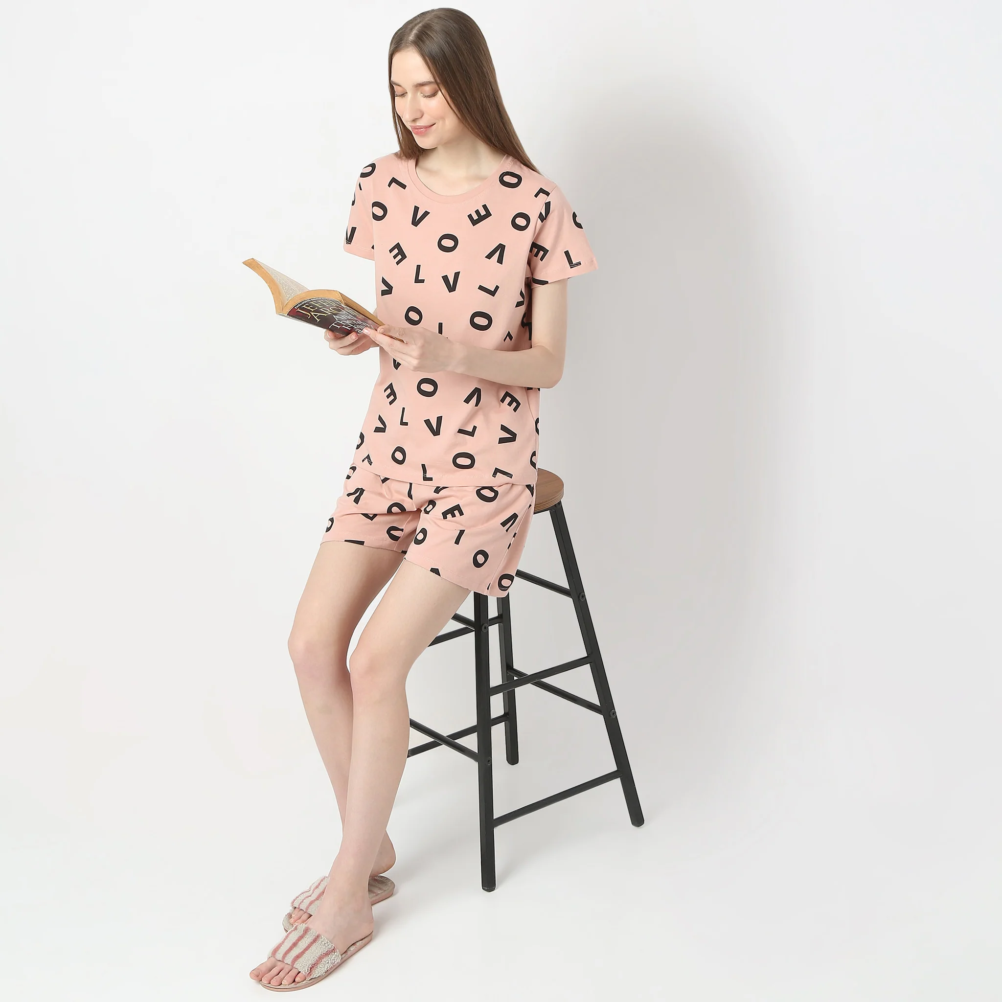 Heart Print Straight Short Sleeve Lounge T-Shirt