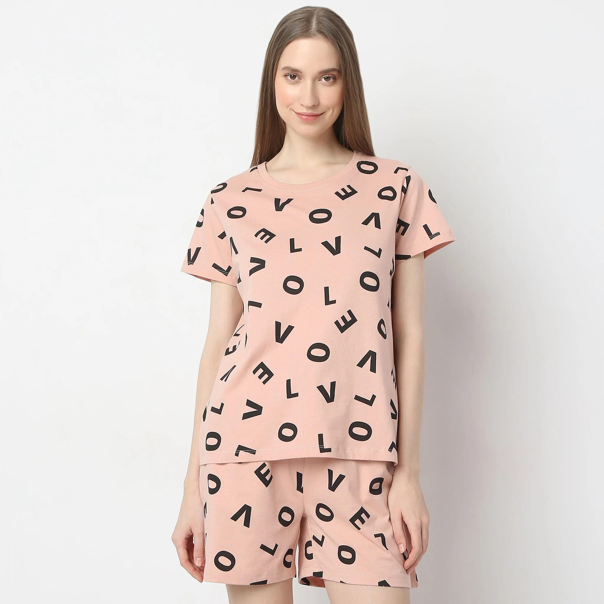 Heart Print Straight Short Sleeve Lounge T-Shirt - Image 2