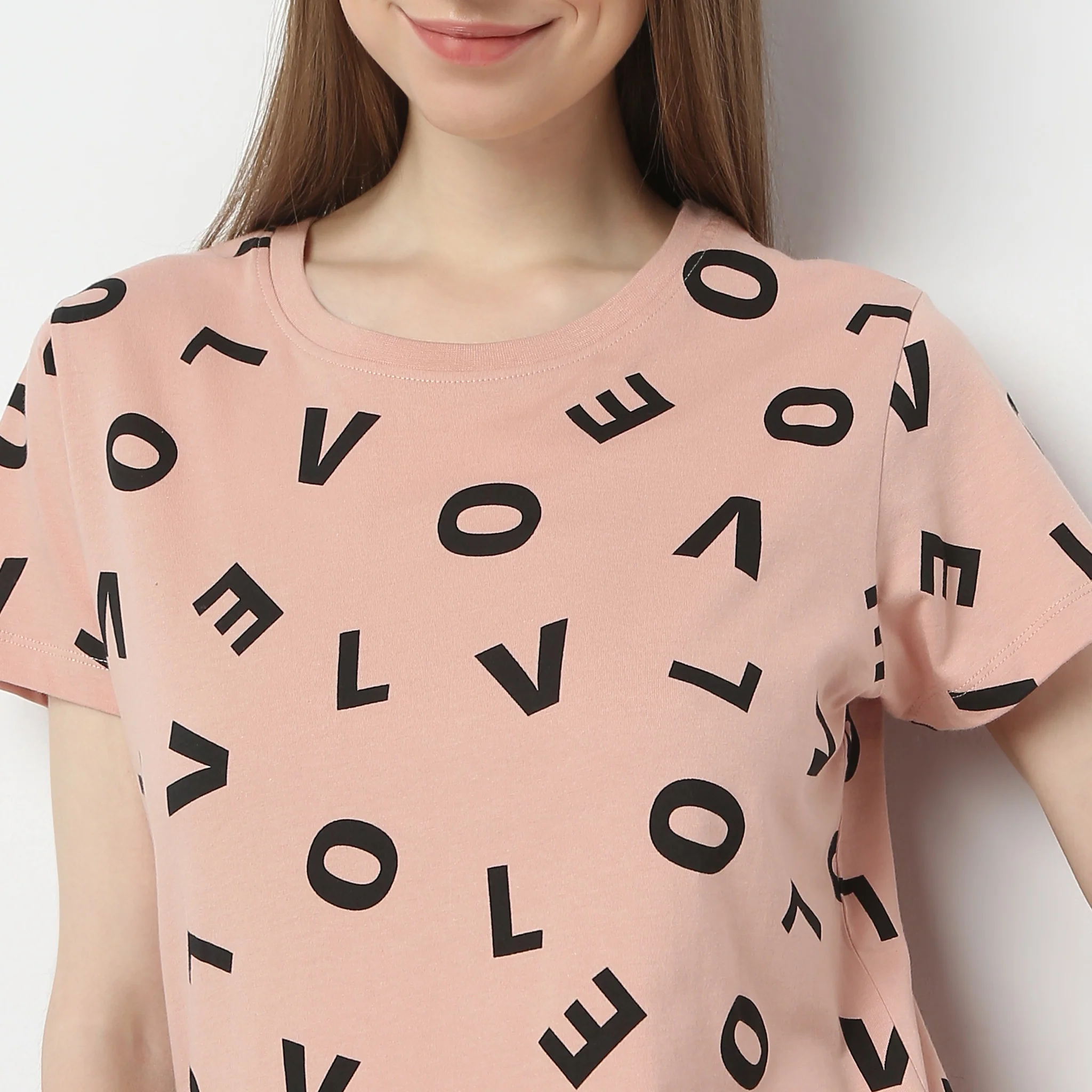 Heart Print Straight Short Sleeve Lounge T-Shirt - Image 4