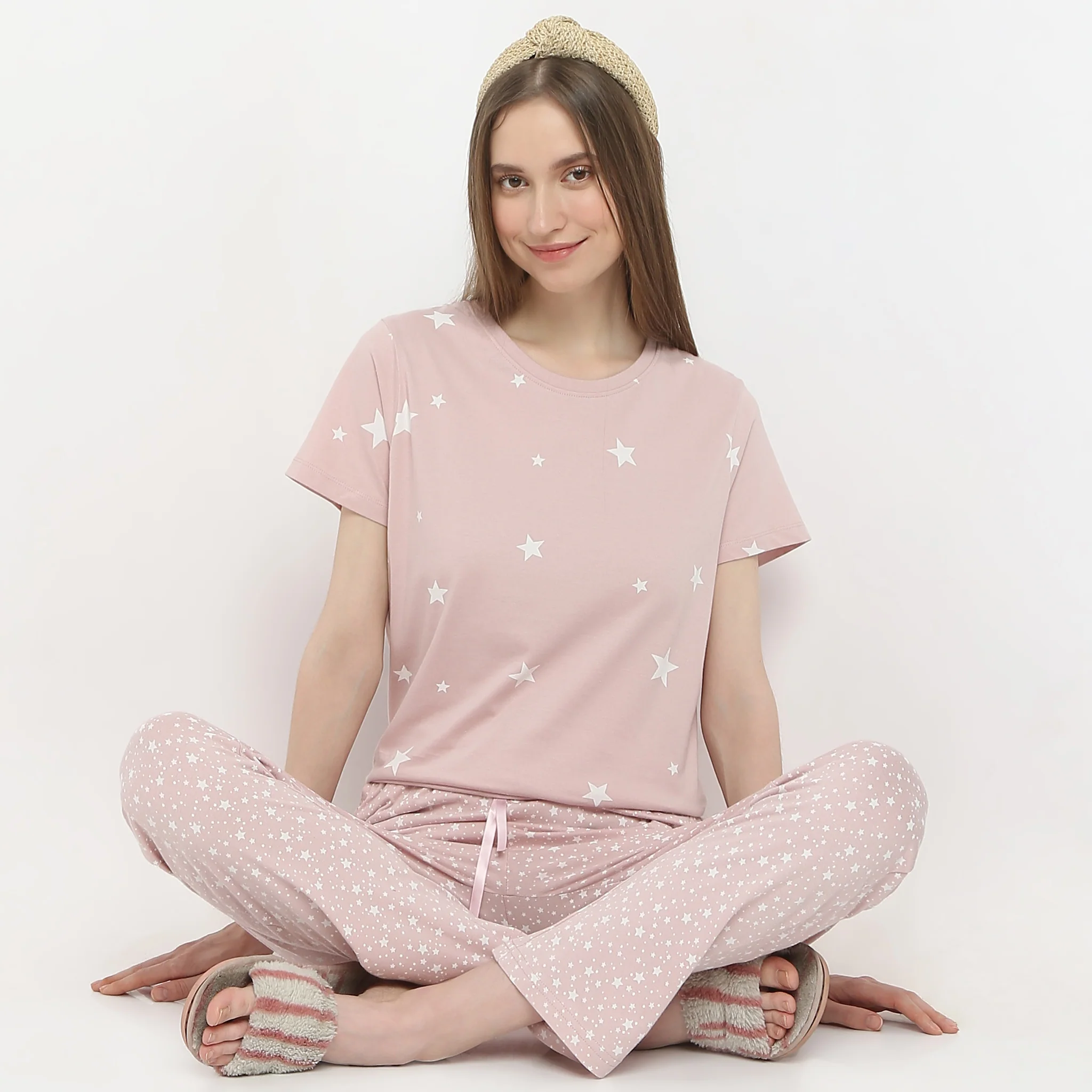 Star And Moon Print Crew Neck Short Sleeve Lounge T-Shirt