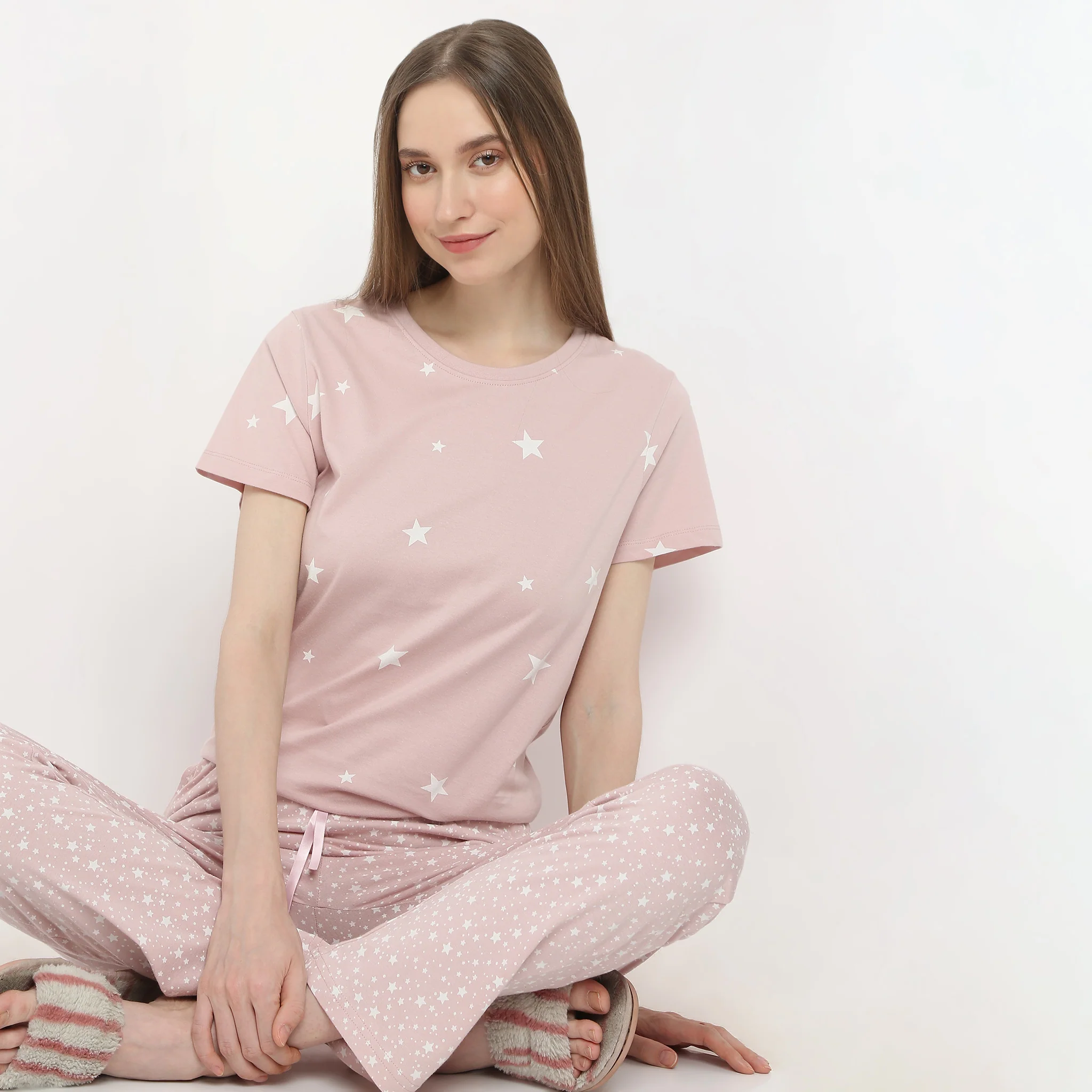 Star And Moon Print Crew Neck Short Sleeve Lounge T-Shirt - Image 2