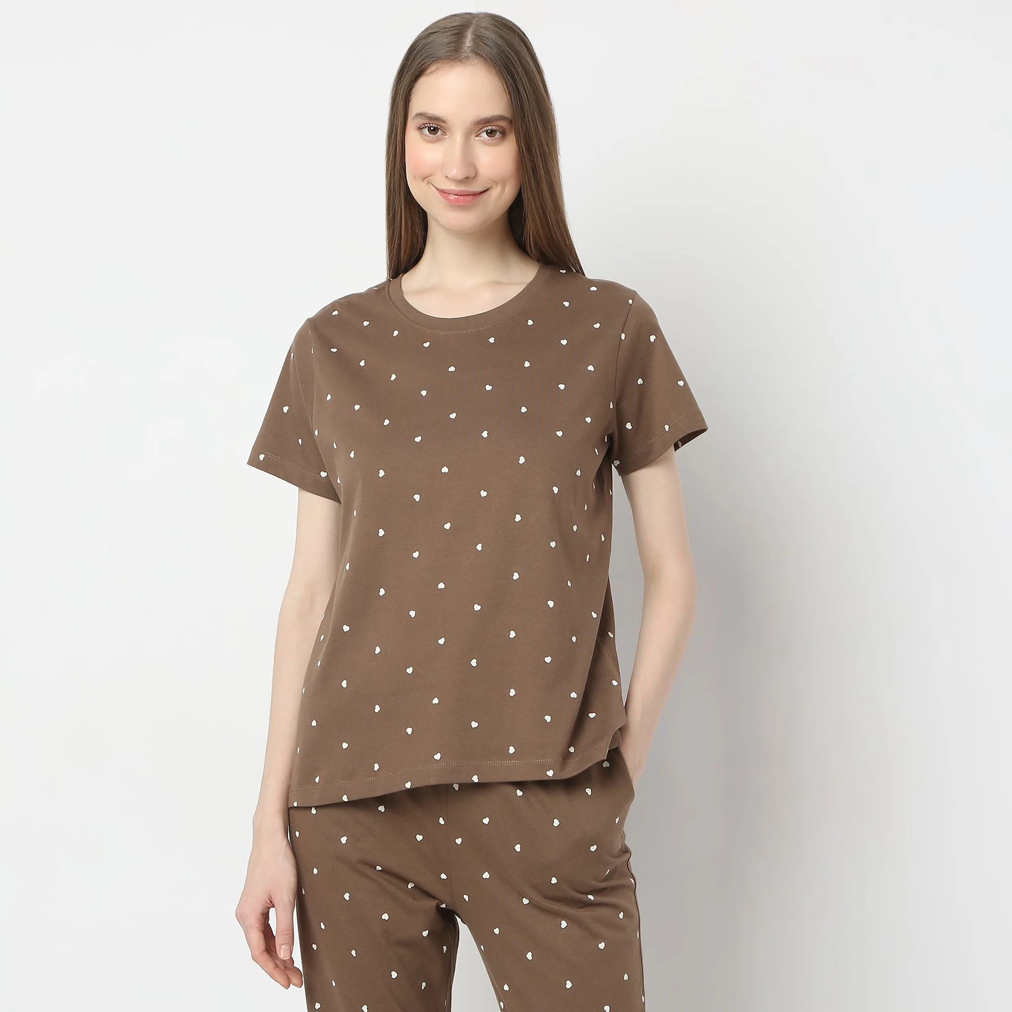 Heart Print Straight Short Sleeve Lounge T-Shirt - Image 2