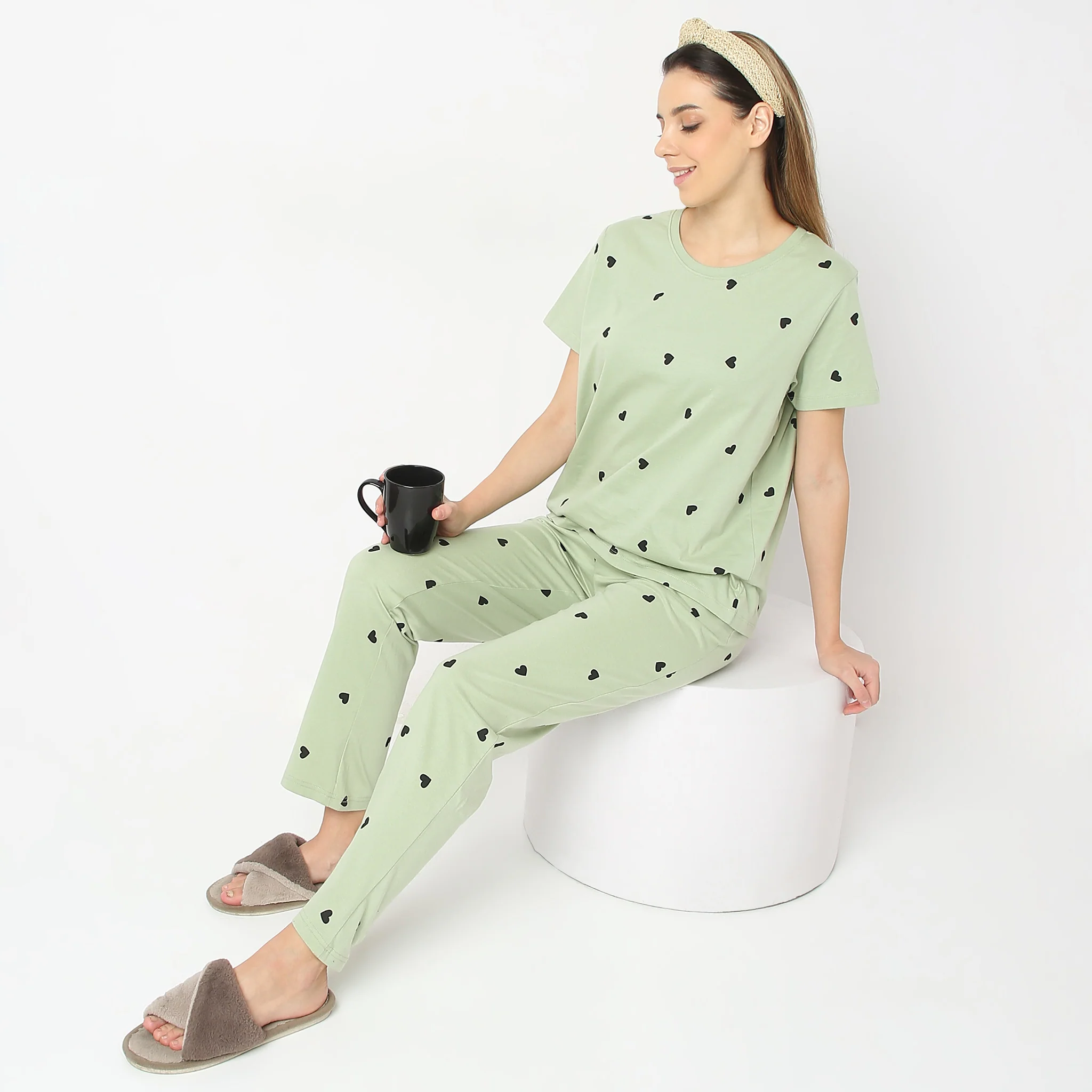 Heart Print Straight Short Sleeve Lounge T-Shirt