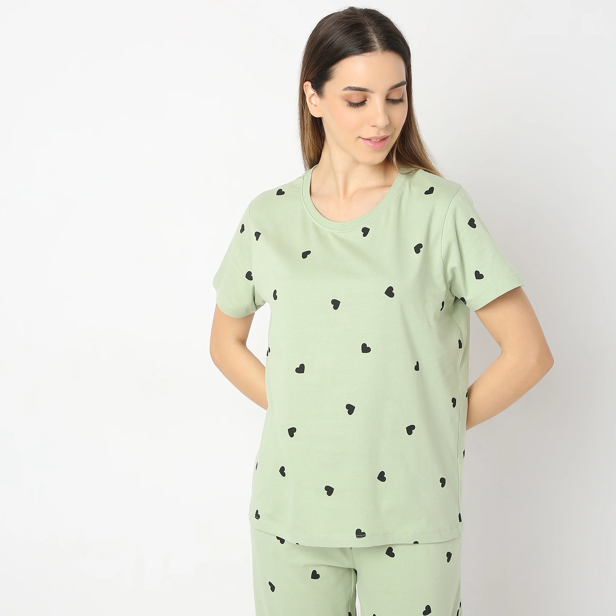 Heart Print Straight Short Sleeve Lounge T-Shirt - Image 2