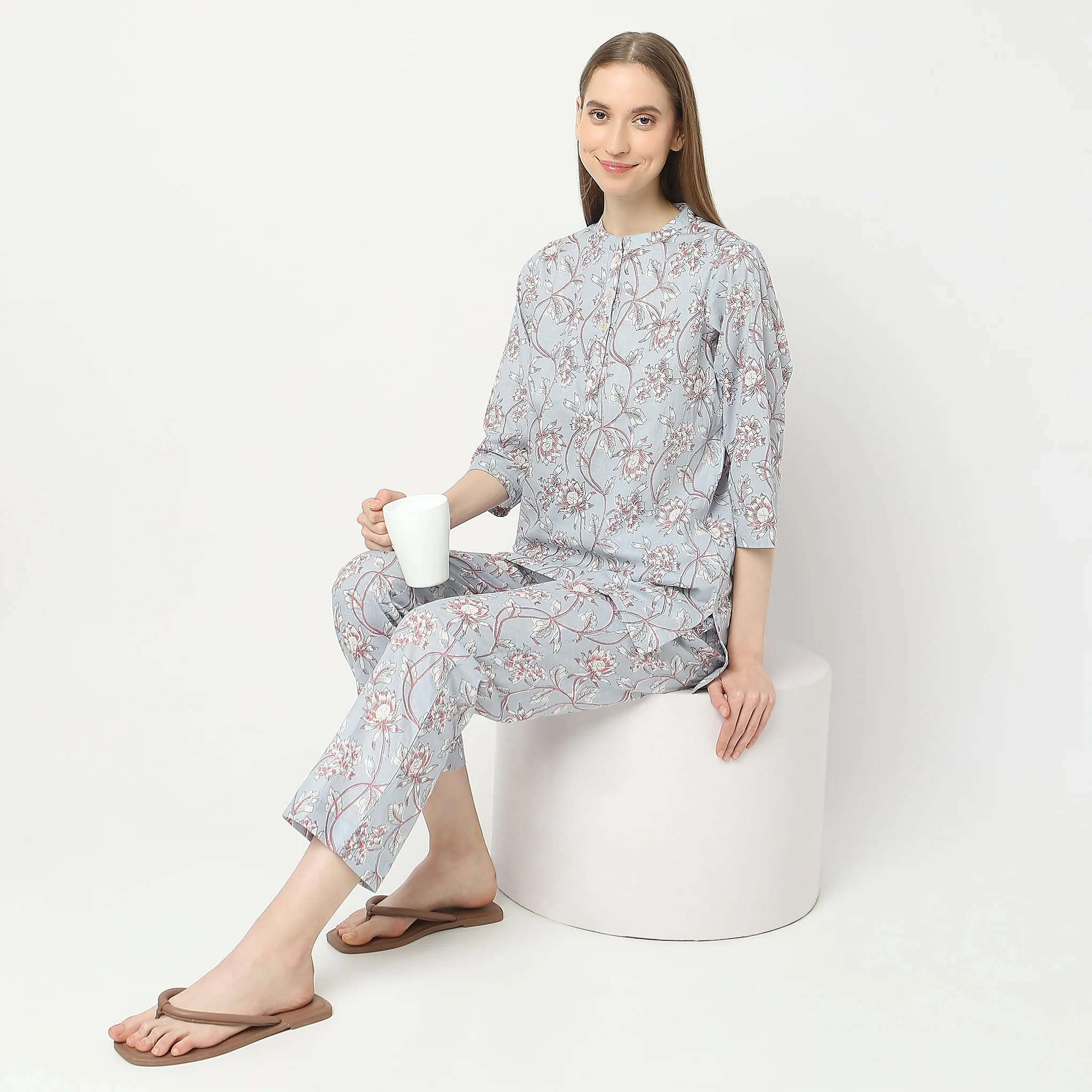 Woven Printed Top With Pyjama Set