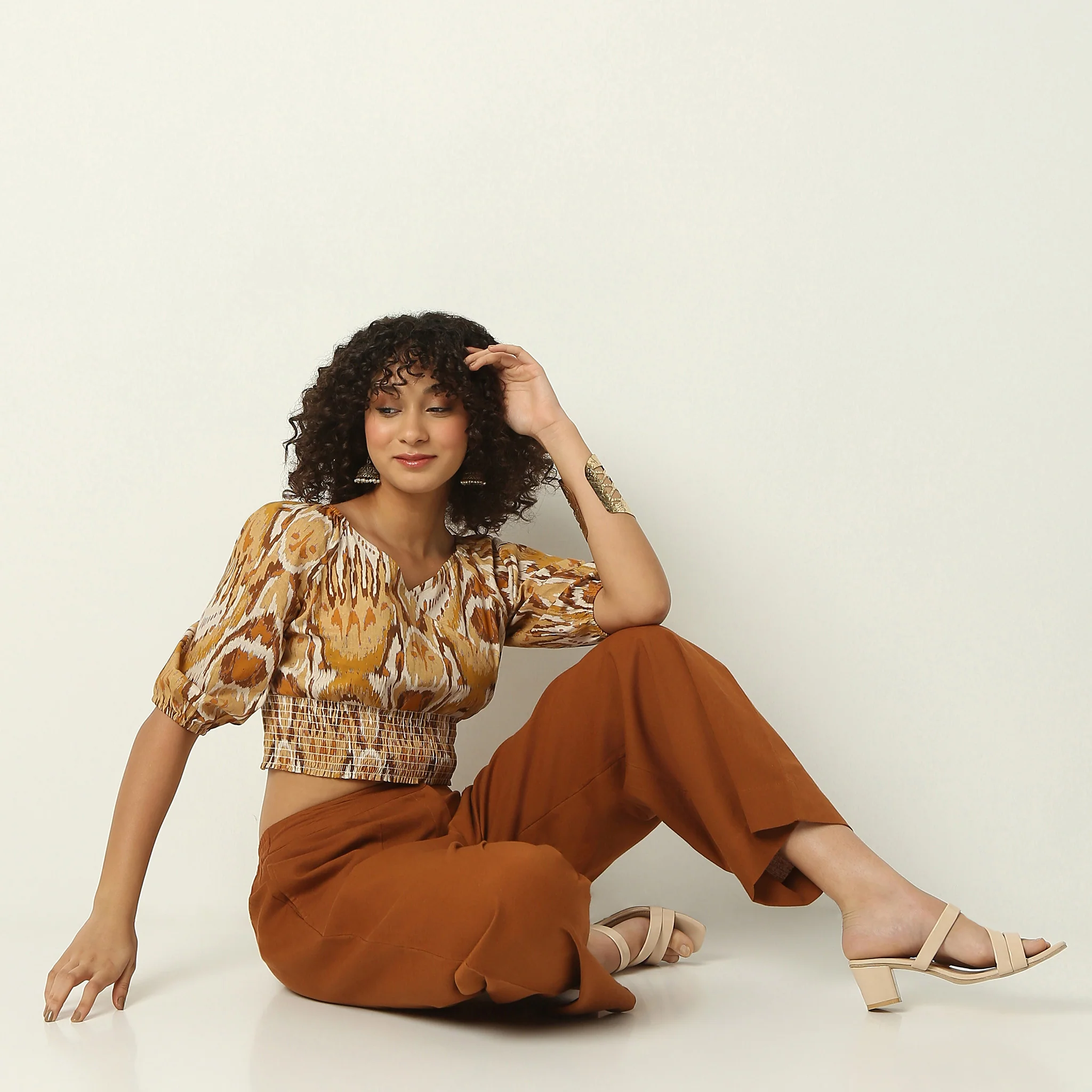 V-Neck Flared Three-Fourth Sleeve Printed Crop Top
