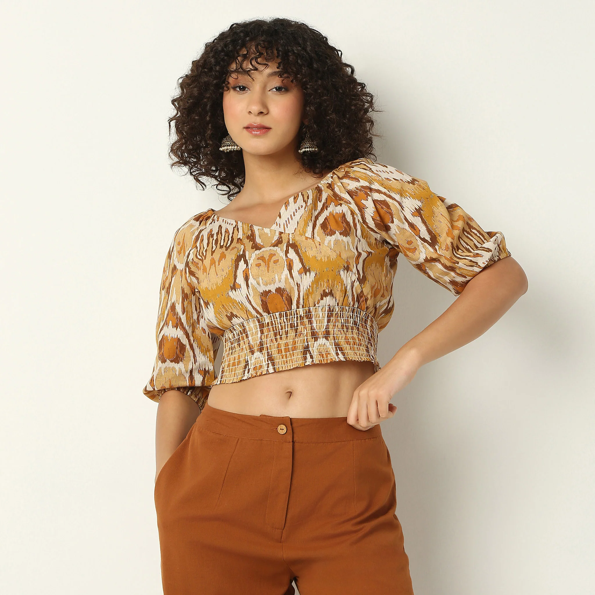 V-Neck Flared Three-Fourth Sleeve Printed Crop Top - Image 2
