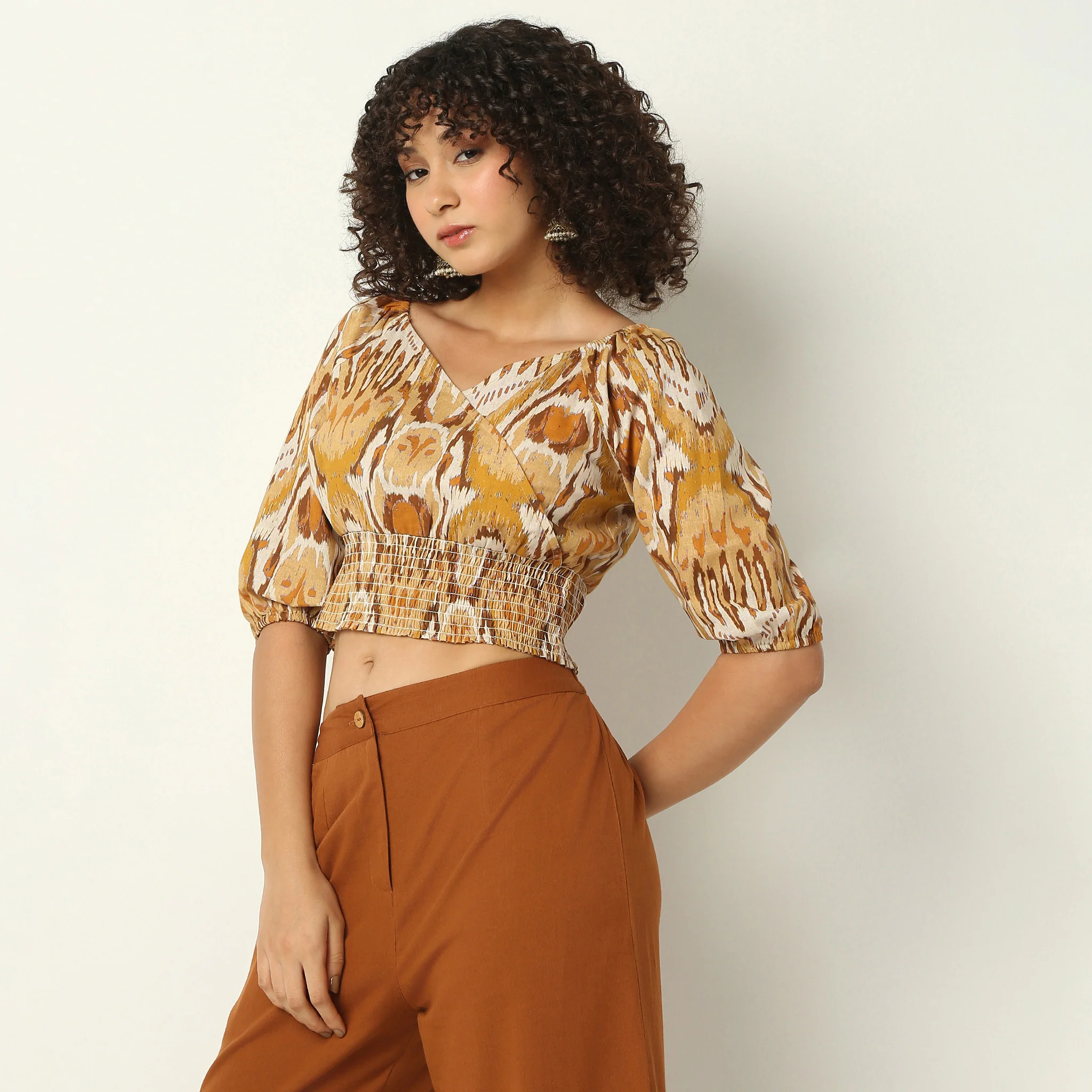 V-Neck Flared Three-Fourth Sleeve Printed Crop Top - Image 5