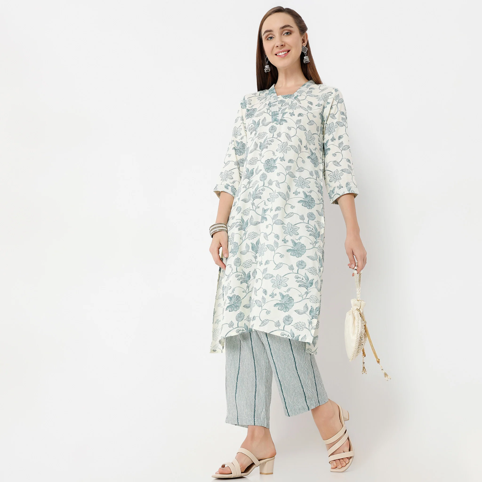 V-Neck Calf Length Straight Printed Kurta